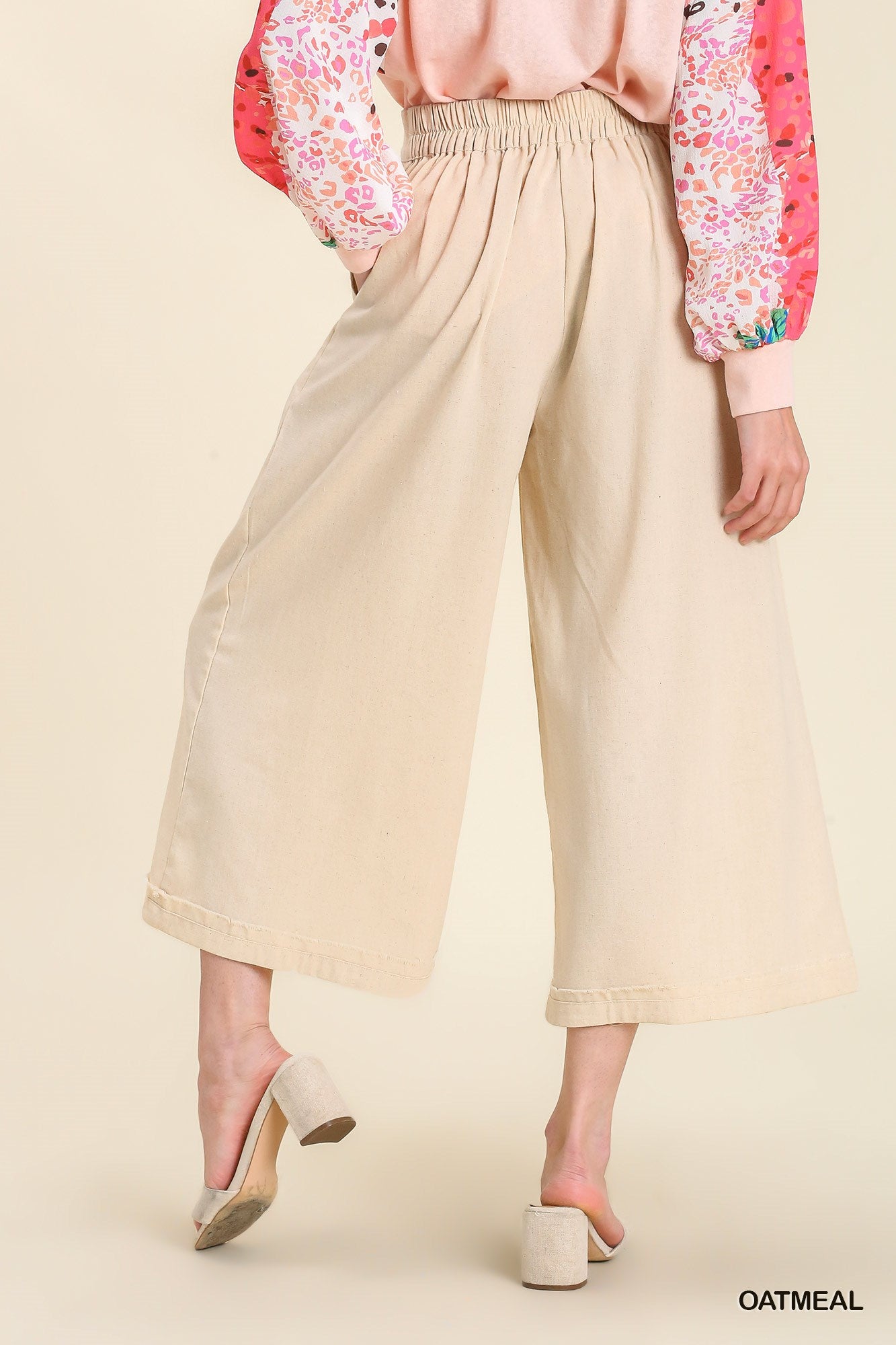 Umgee Pleated Detail Elastic Waist Band Wide Leg Pants