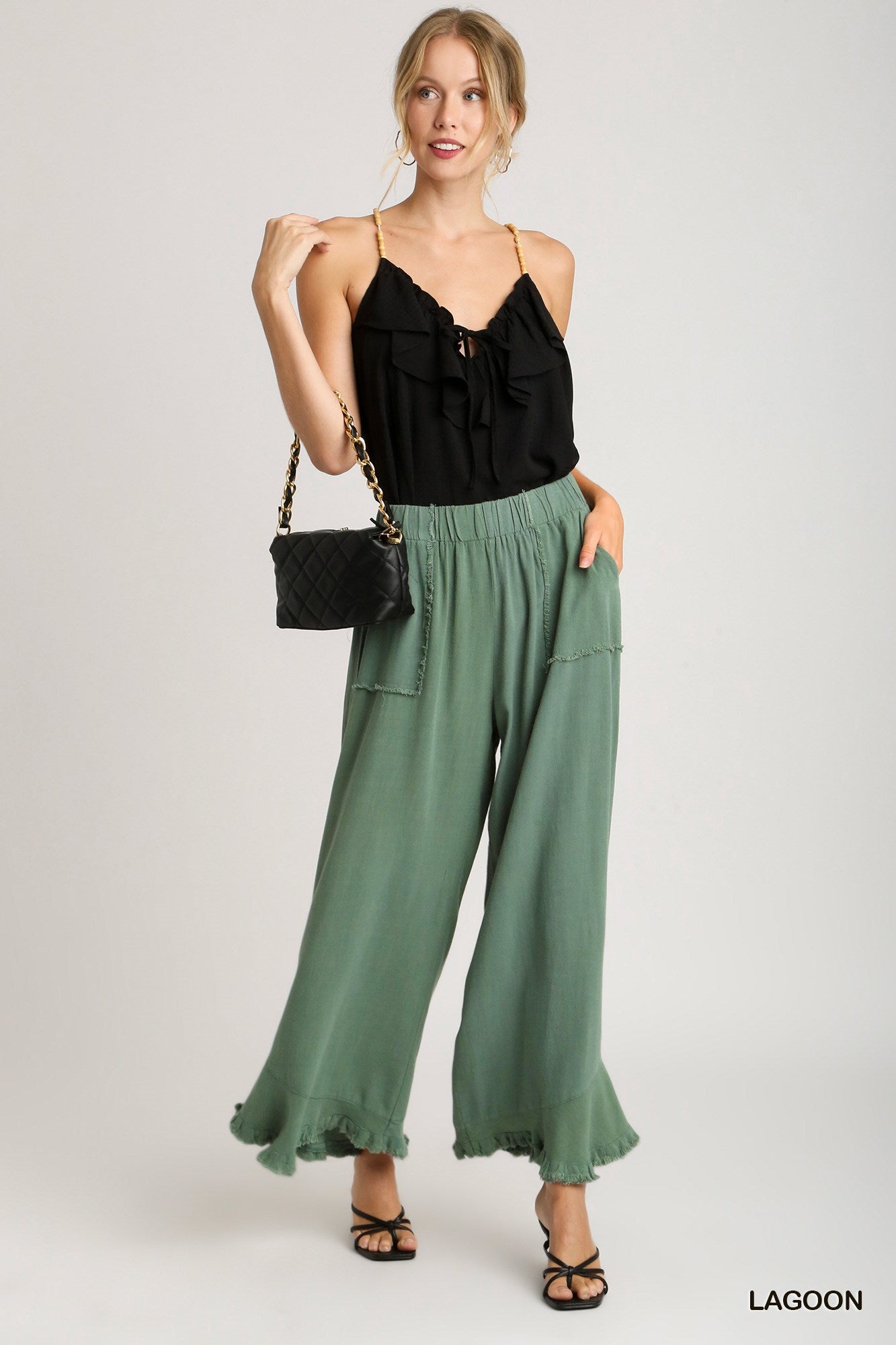 Umgee Linen Blend Elastic Waist Band Wide Frayed Hem Pants