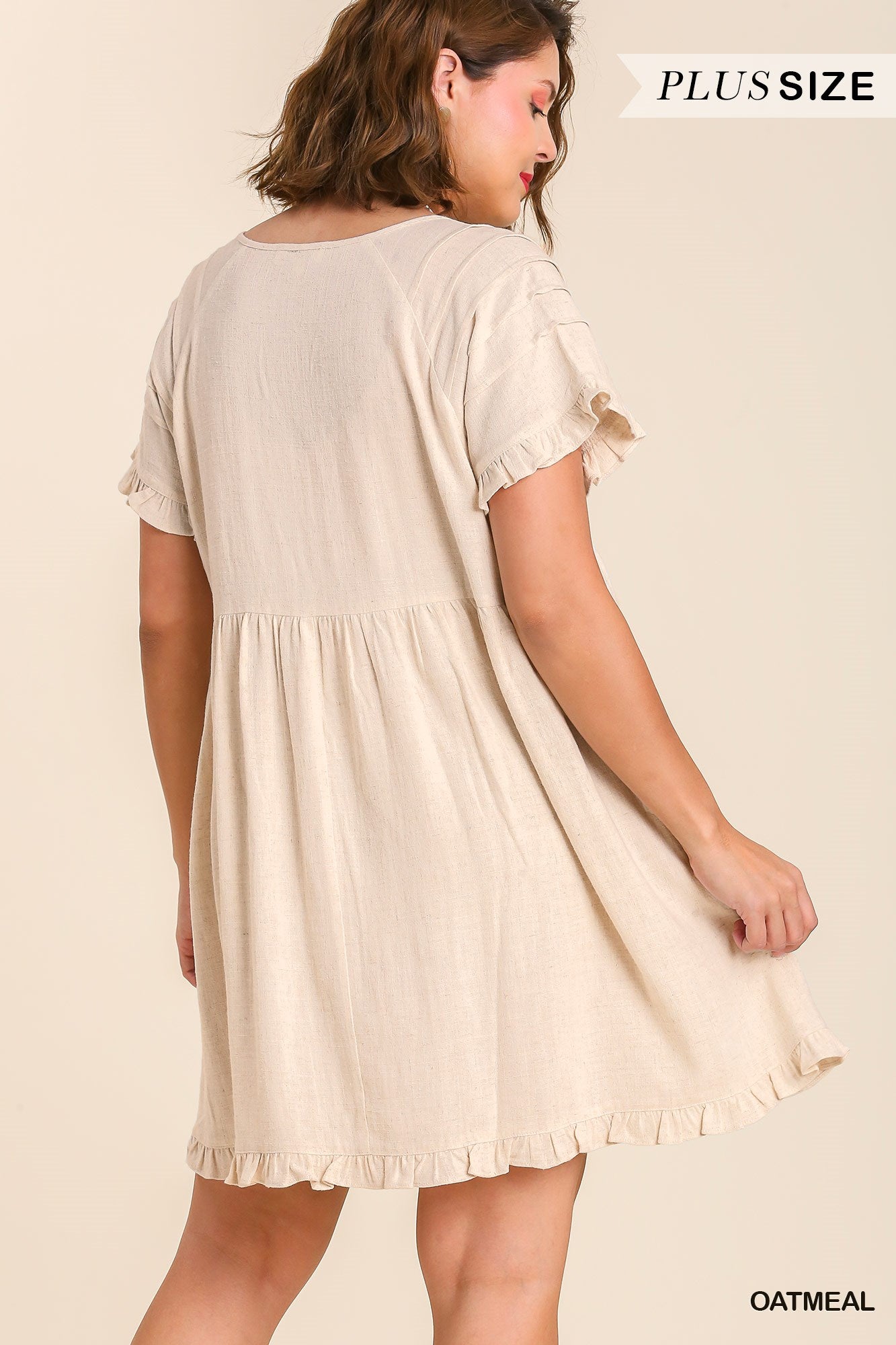 Umgee Plus Linen Blend Pin Tuck Ruffle Sleeve No Lining Dress