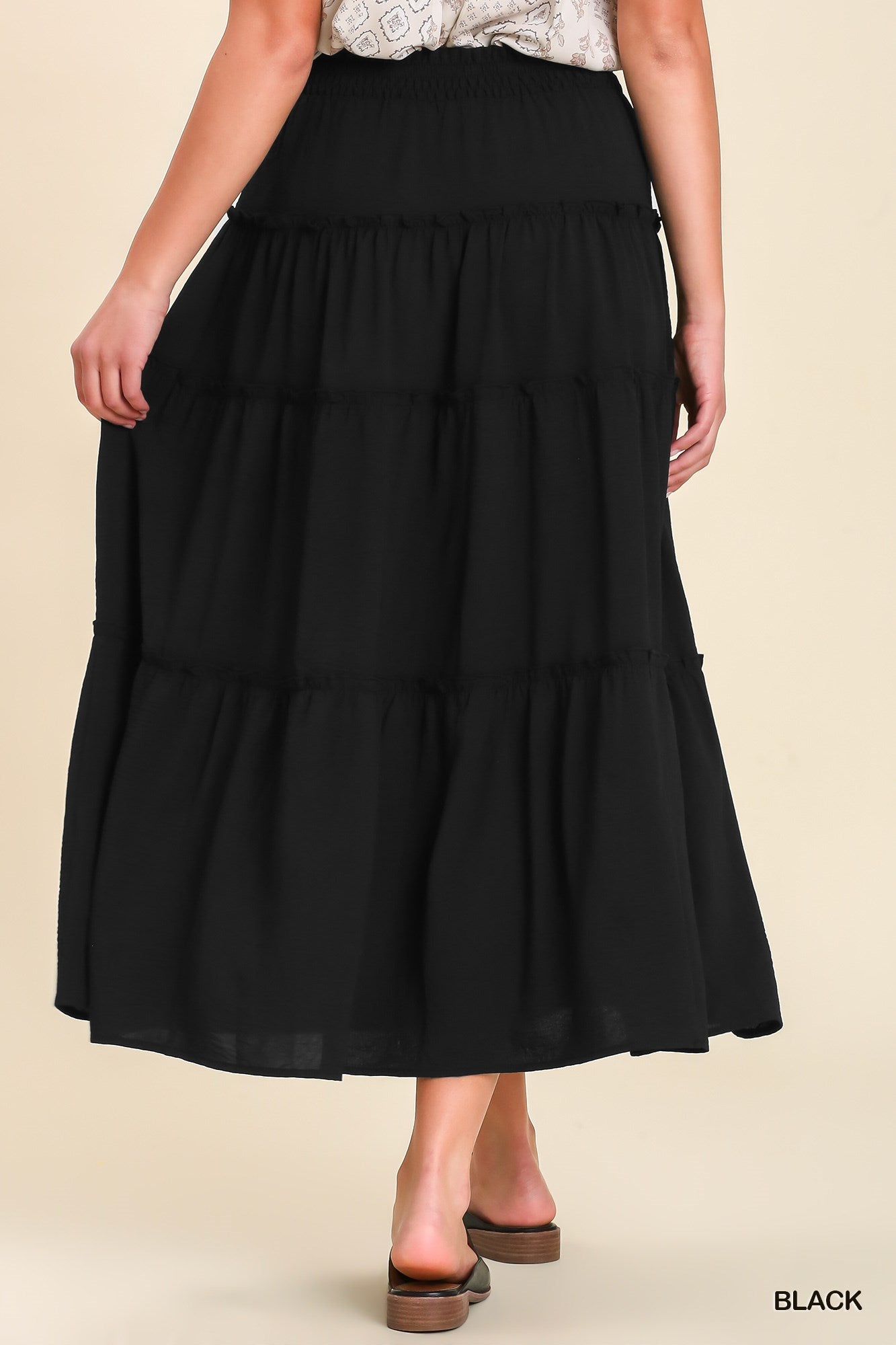 Umgee Shirred Fabric High Waisted Tiered Ruffle Hem Maxi Skirt