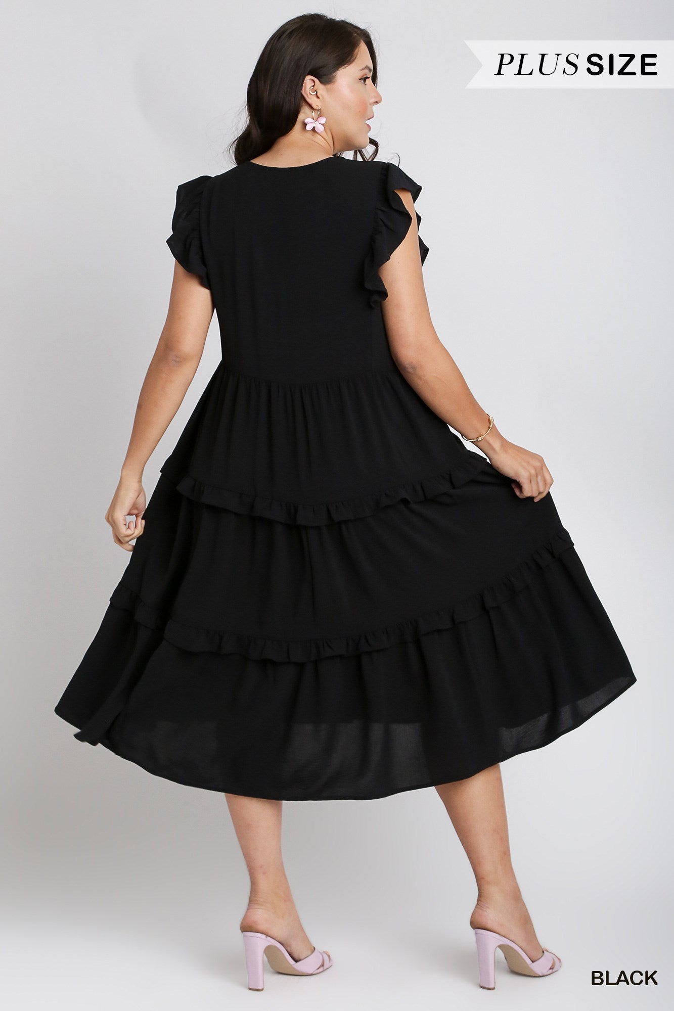 Umgee Plus Ruffle Flutter Sleeves Tiered Midi Dress