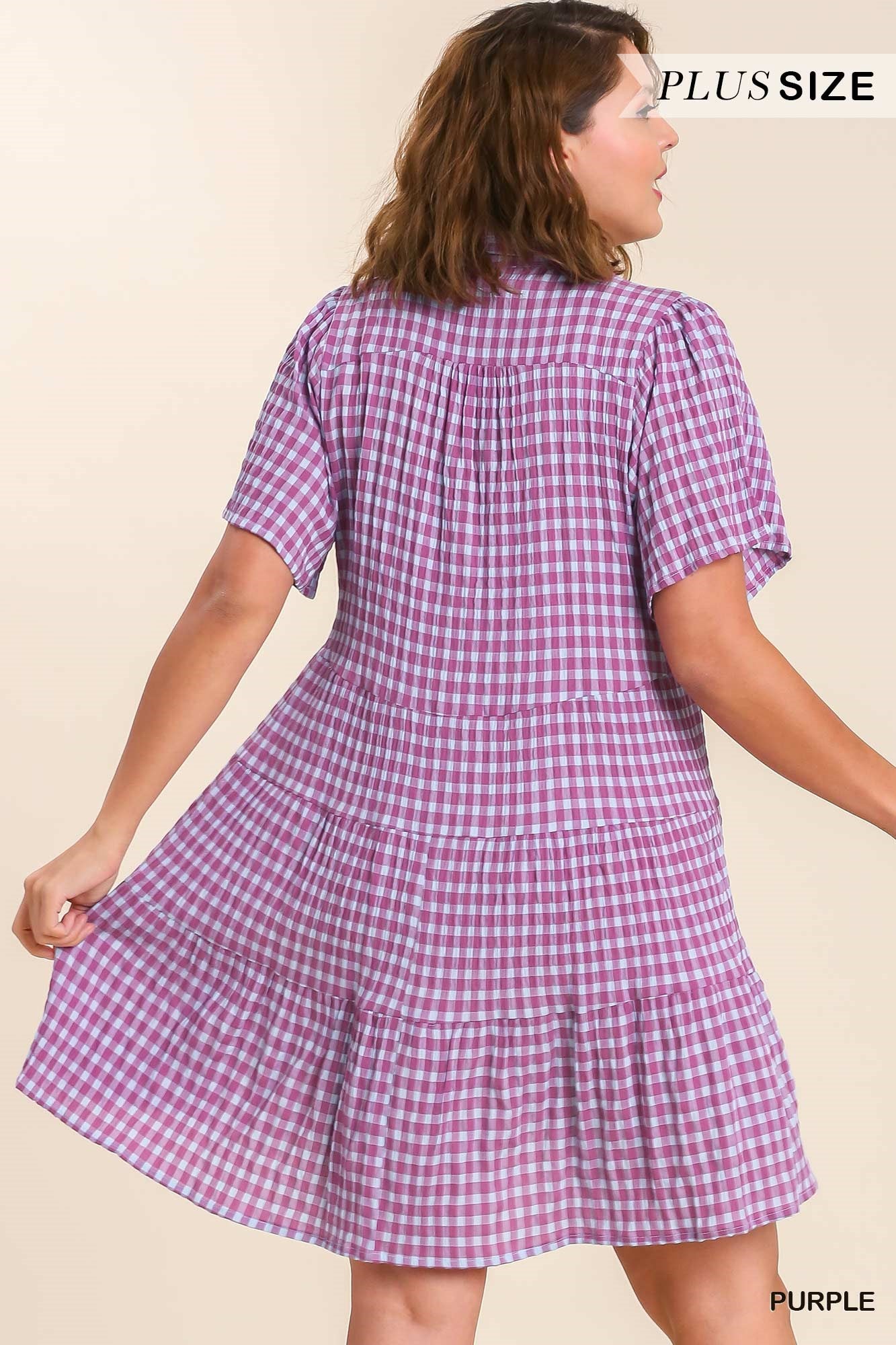 Umgee Plus Gingham Tiered Collared Button Button Short Sleeve Dress