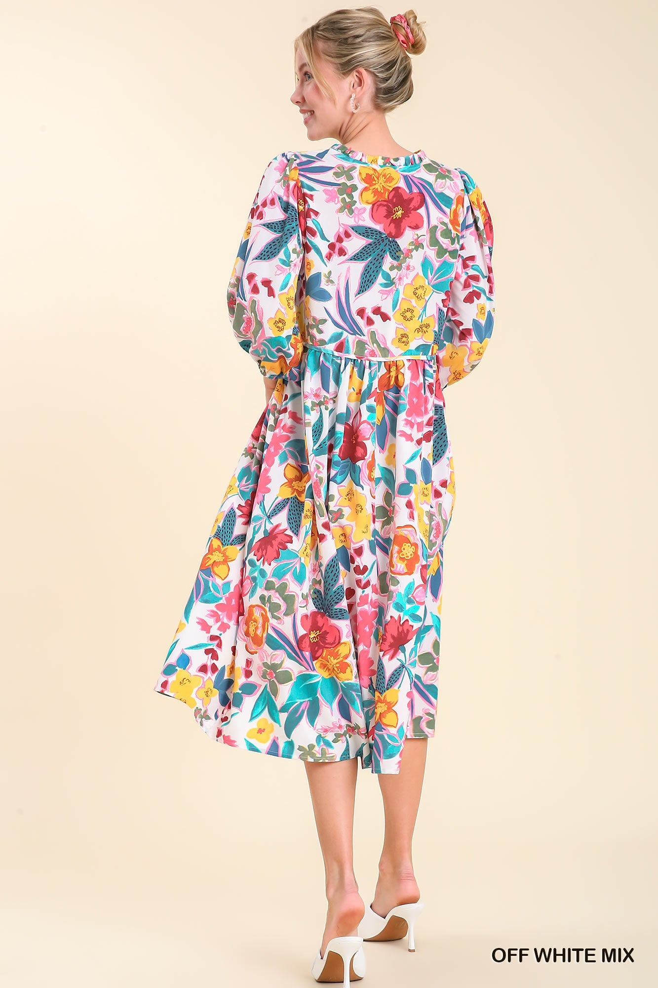 Umgee Mix Floral Print V-Notch Puff Sleeves Neck Tie Peasant Midi Dress
