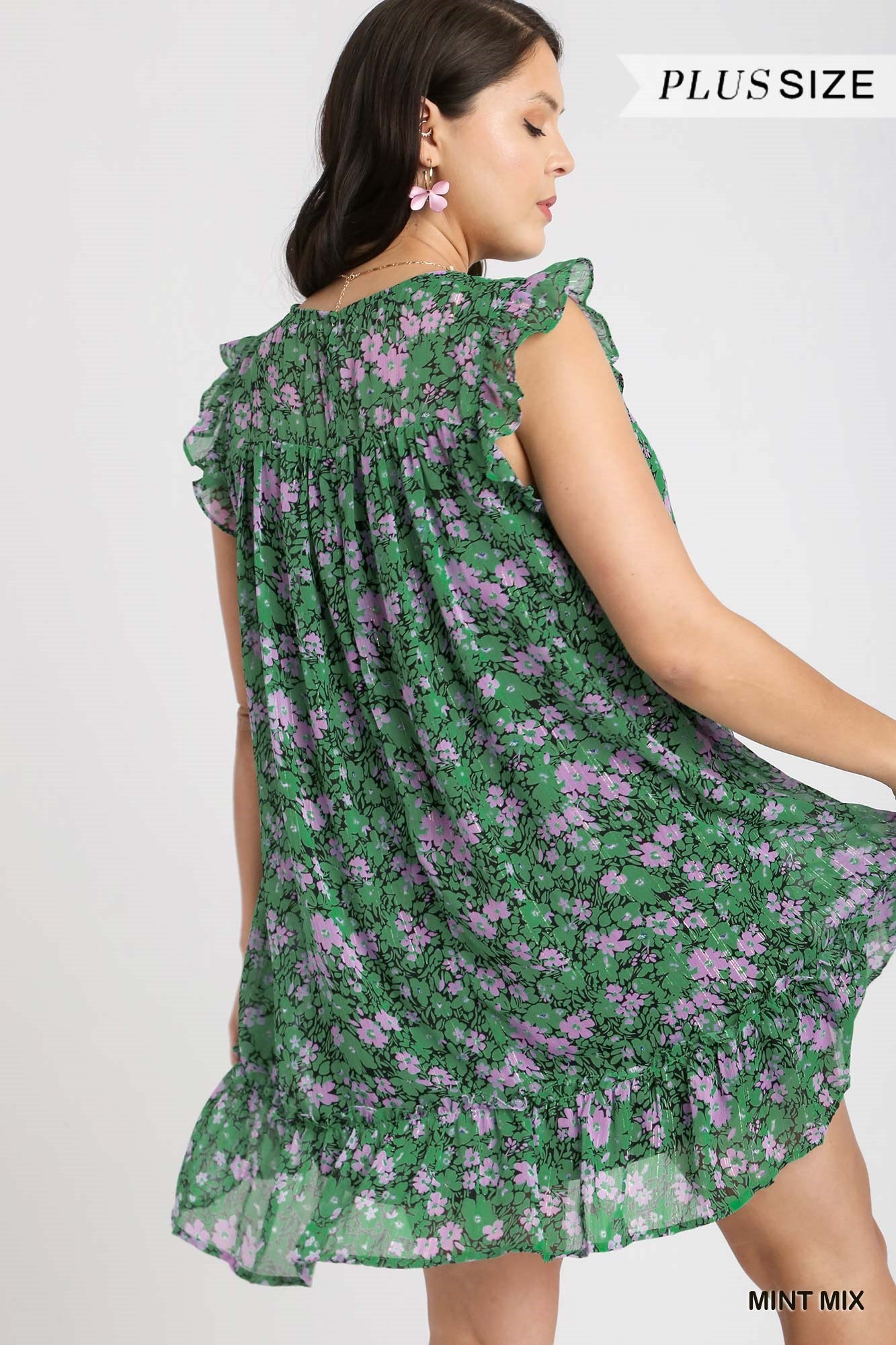 Umgee Plus Floral Metallic Flutter Sleeve Smocked Lining Dress