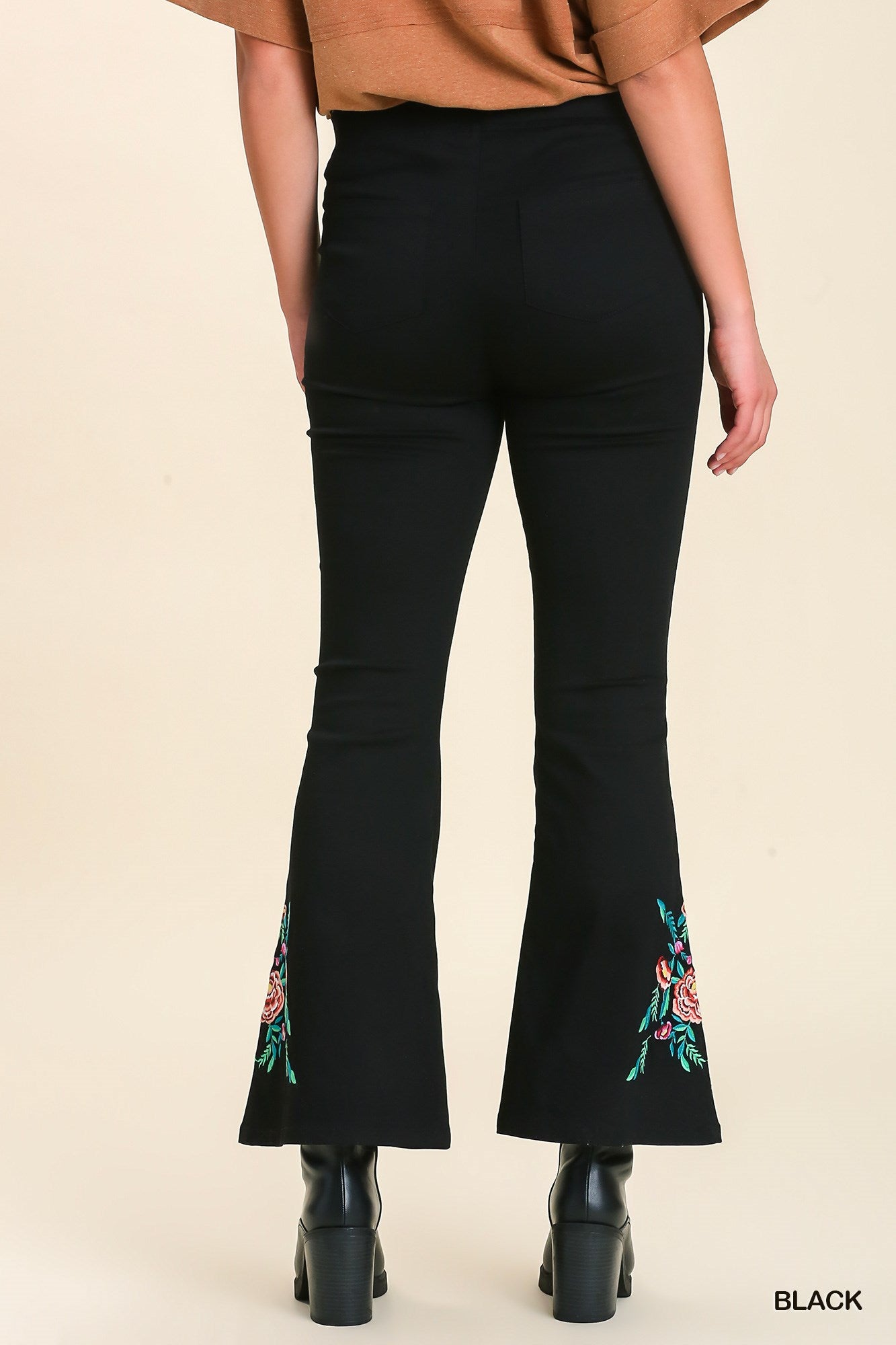 Umgee Floral Embroidery Elasticated Waistband High Waisted Flared Pull On Pants