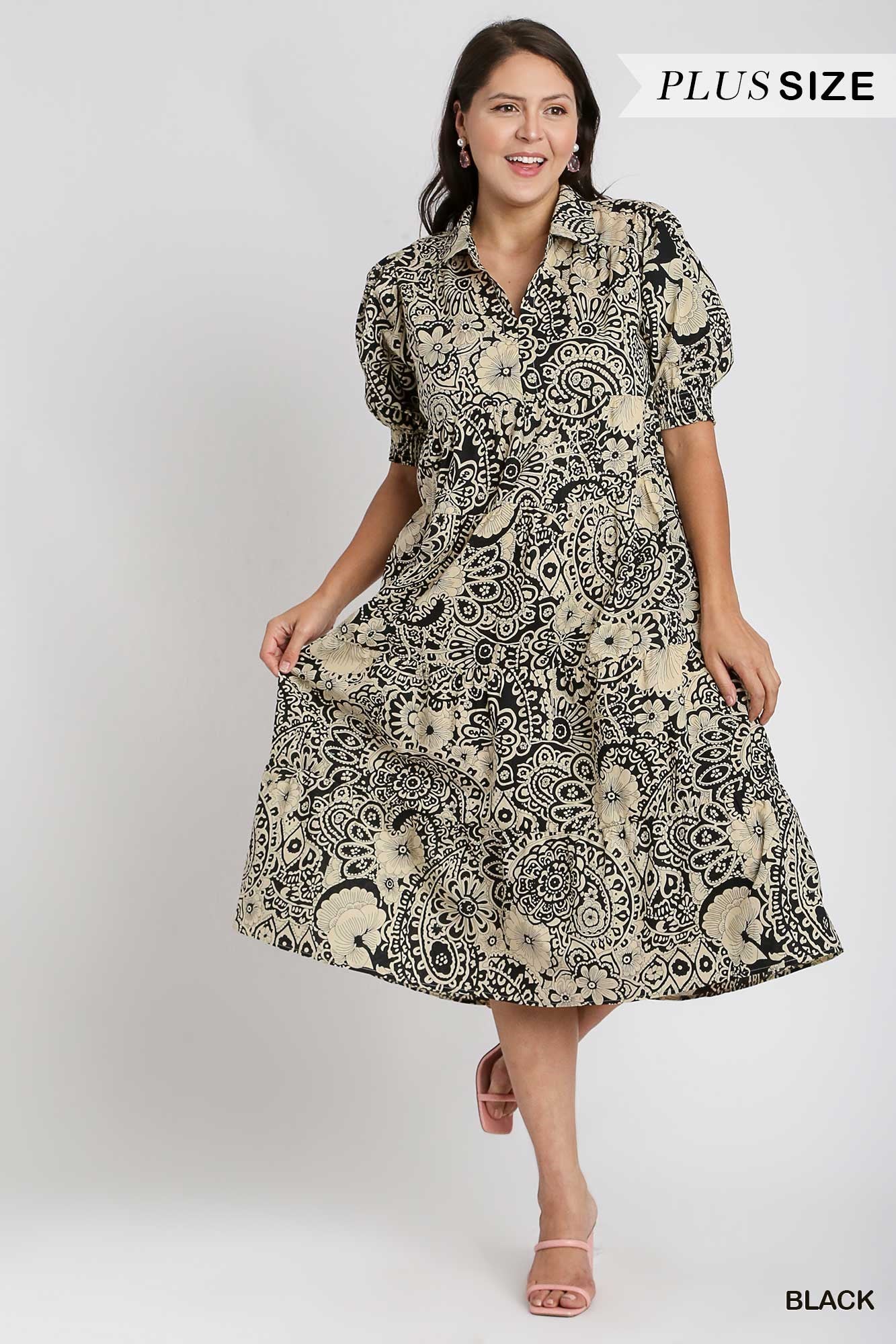 Umgee Plus Abstract Print V-Neck Collared Tiered Puff Sleeves Dress