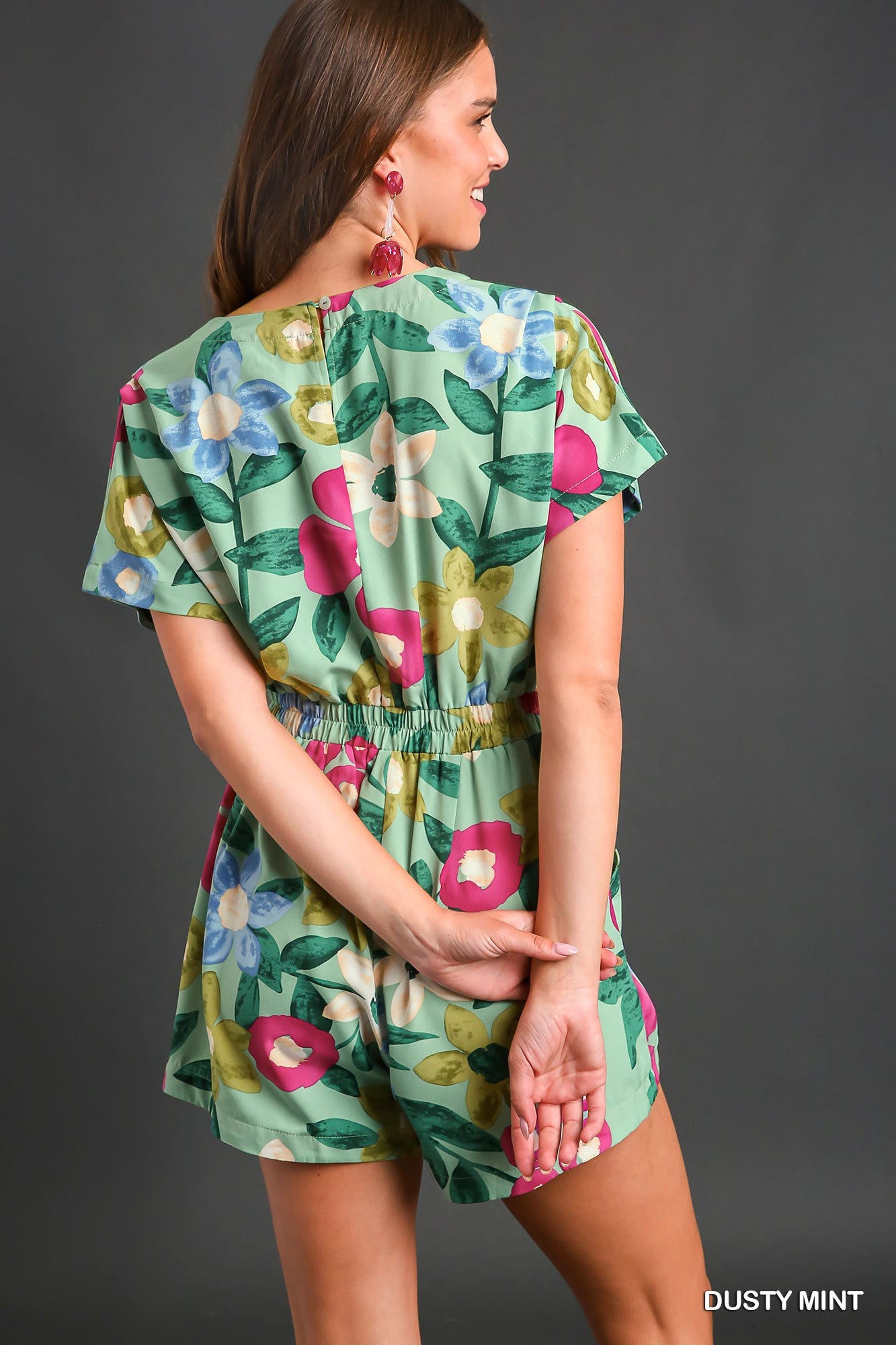 Umgee Floral Smocked Elastic Waistband Side Pocket Romper