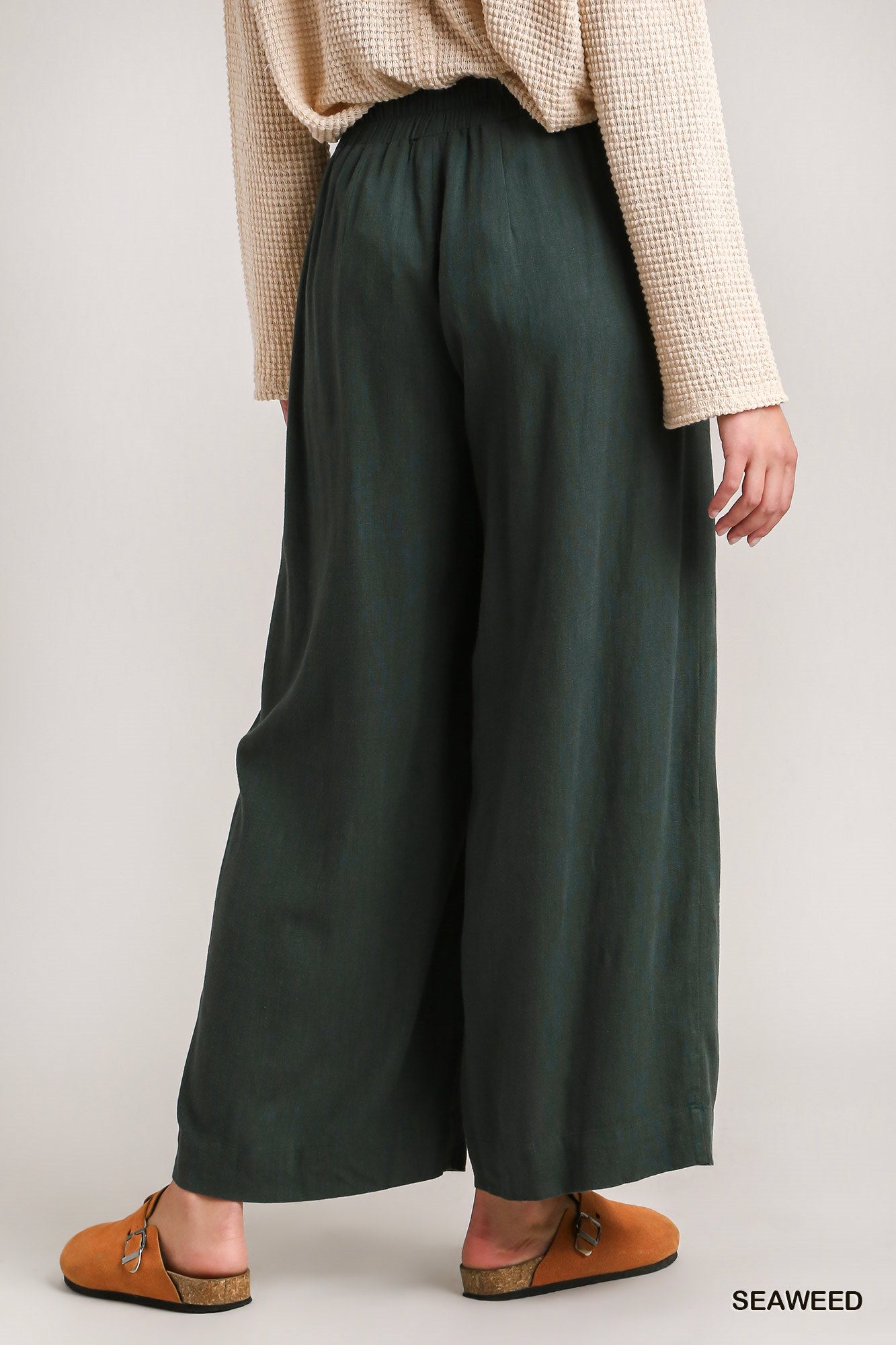 Umgee Washed Elastic Waisted Wide Linen Frayed Front Pocket Pants