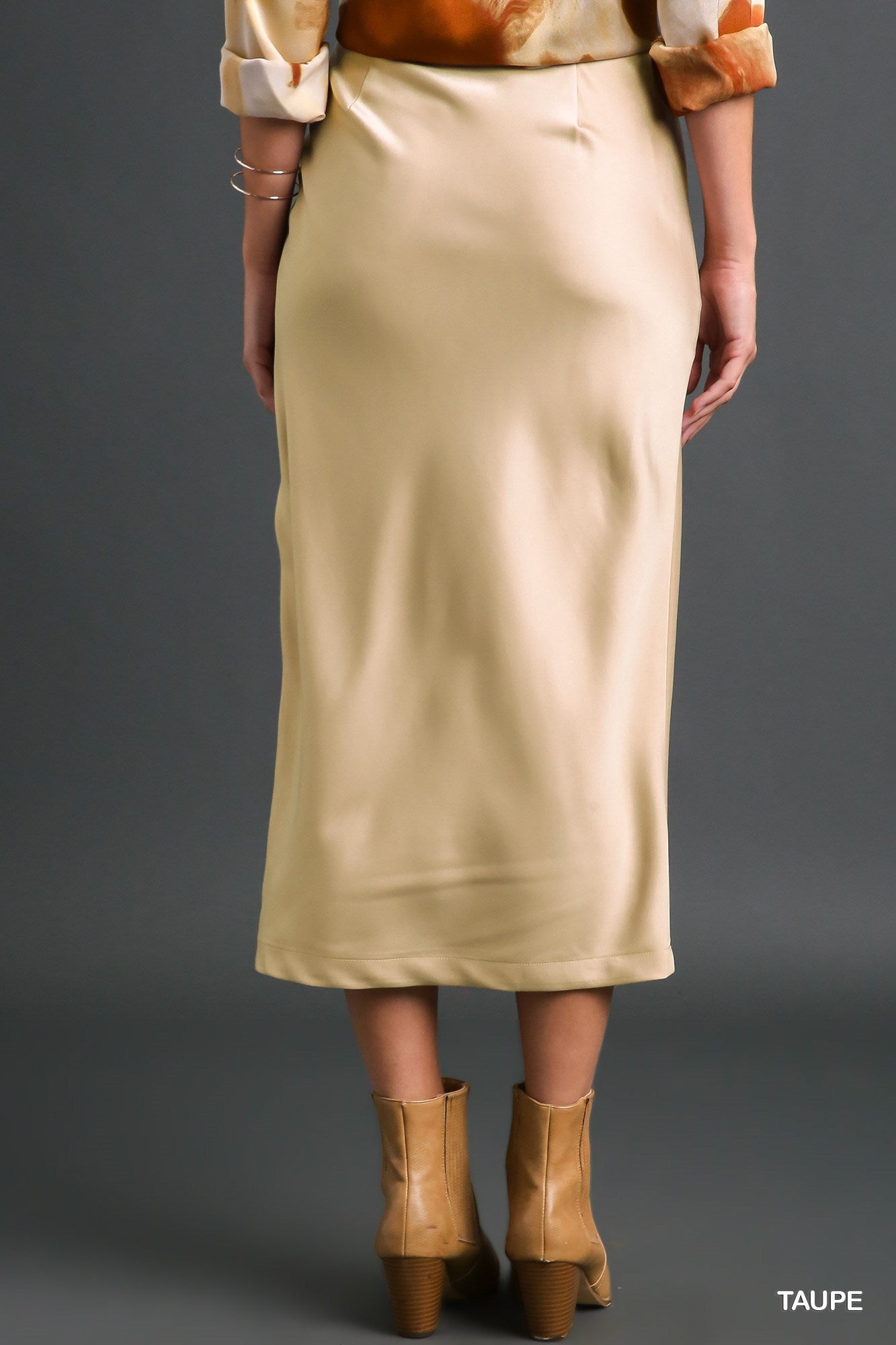 Umgee Medium Weight Satin Midi Side Slit Slipper Skirt