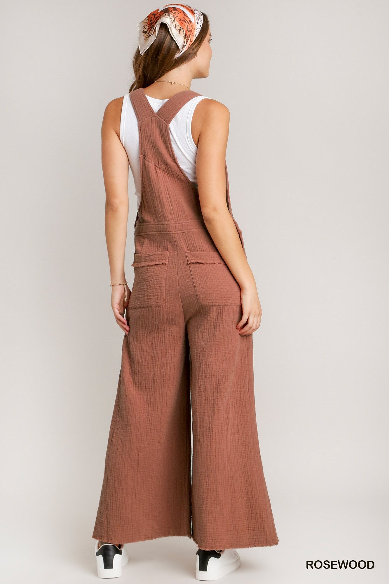 Umgee Button Detail Wide Bottoms Frayed Hem Jumpsuit