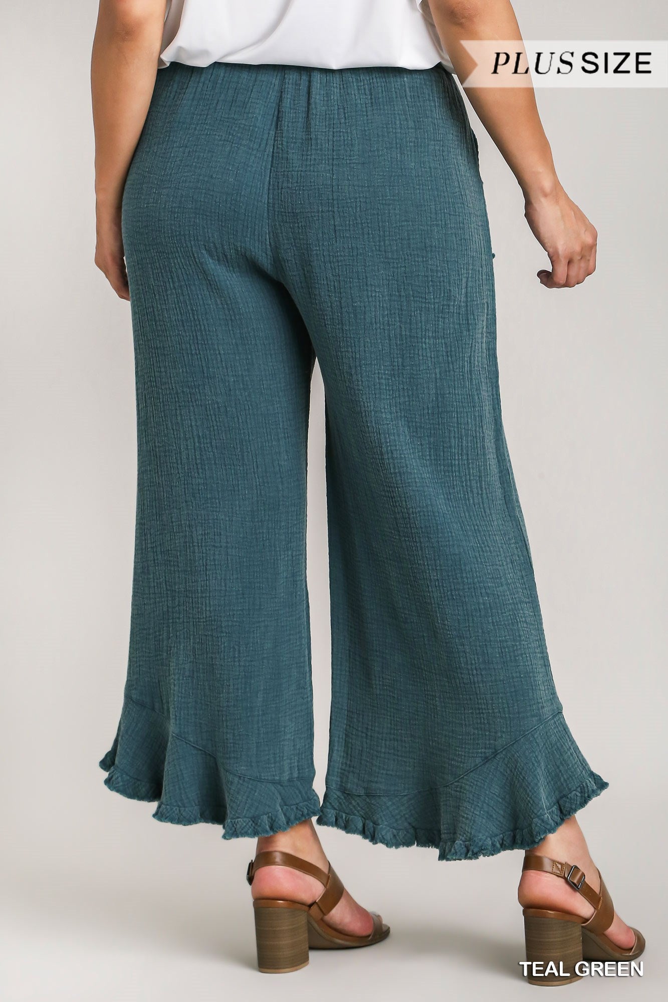Umgee Plus Mineral Wash Cotton Gauze Ruffle Trim Pants
