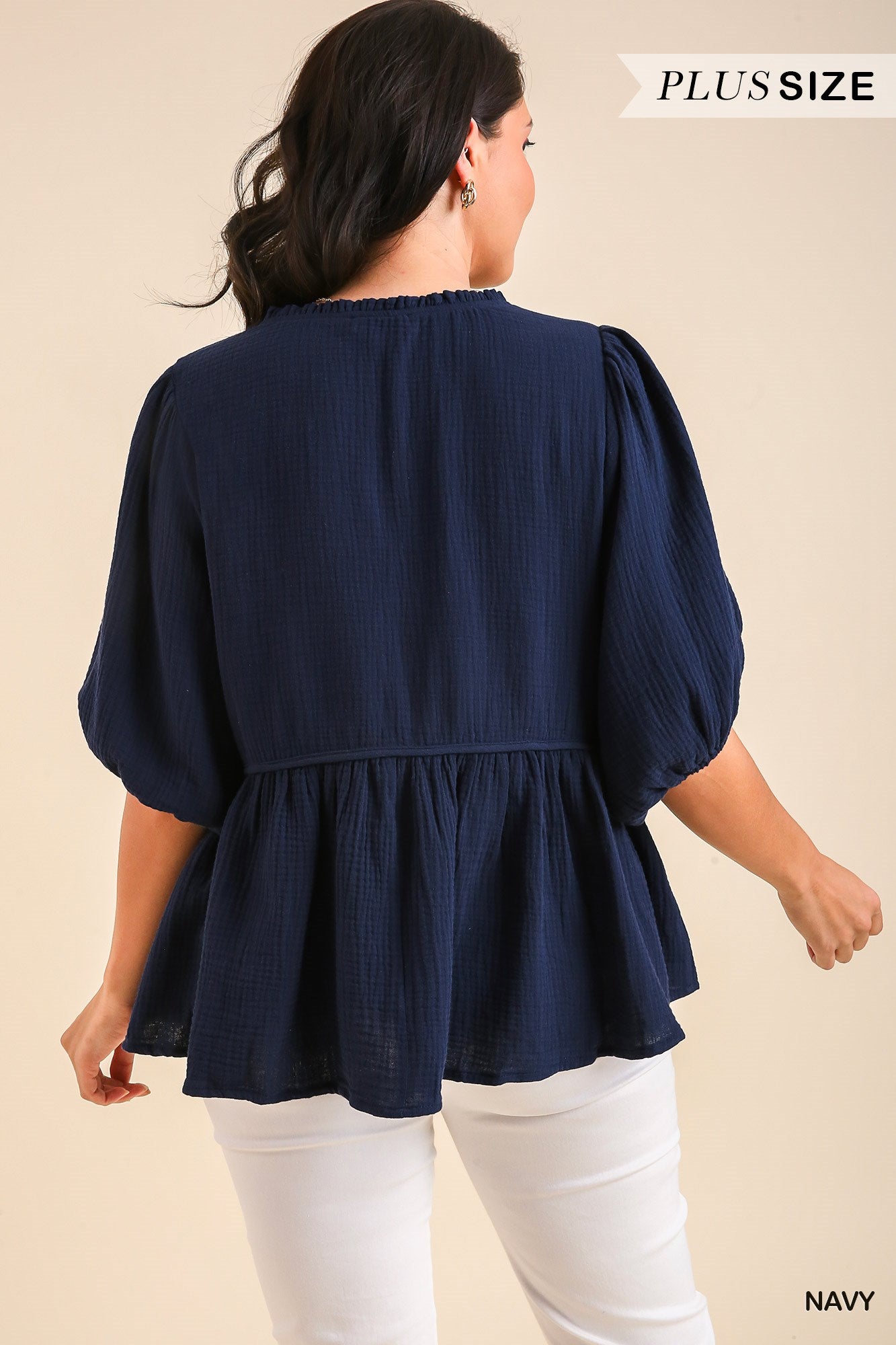 Umgee Plus Cotton Gauze Floral Embroidery BabyDoll Long Sleeve Top