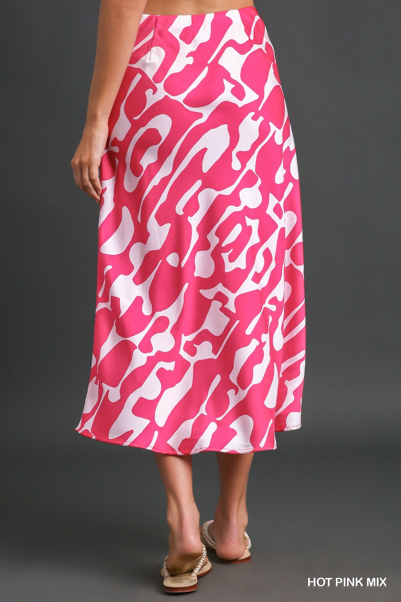 Umgee Satin Geometric Elastic Waist Band Midi Slit Skirt