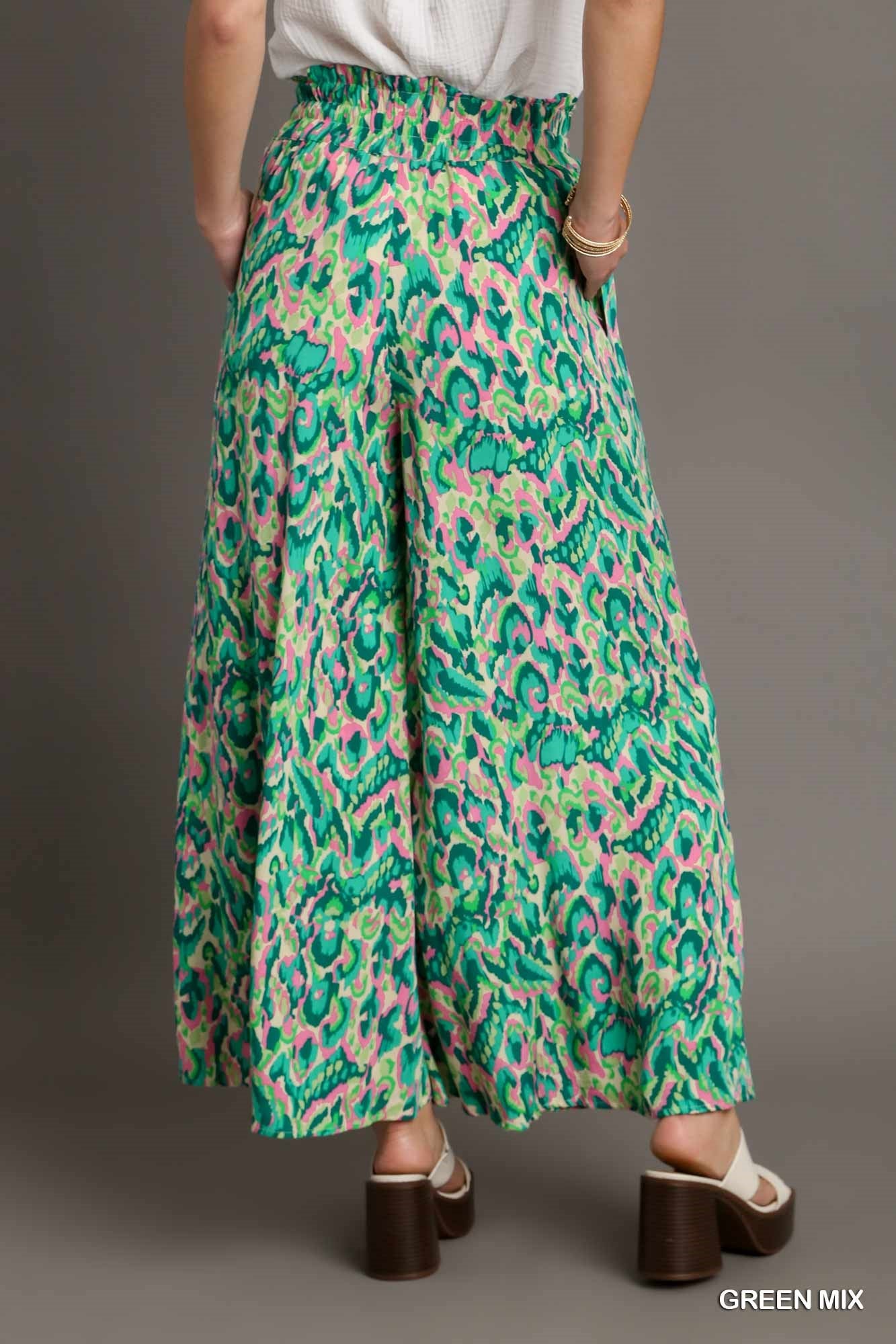 Umgee Elastic Waist Mixed Print High Waist Wide Leg Pants