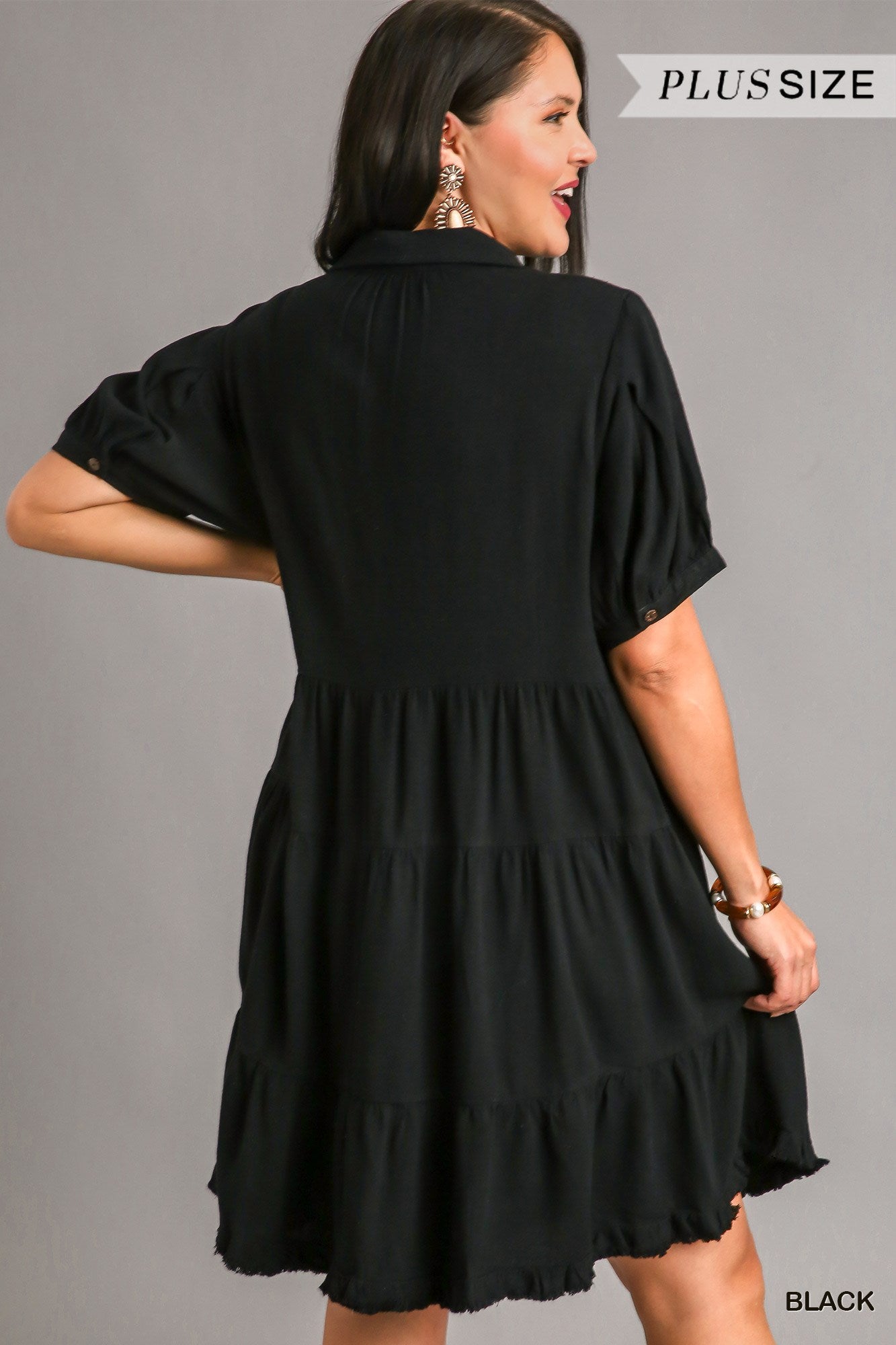 Umgee Plus Linen Collared Tiered Pleated Sleeves Coconut Button Dress