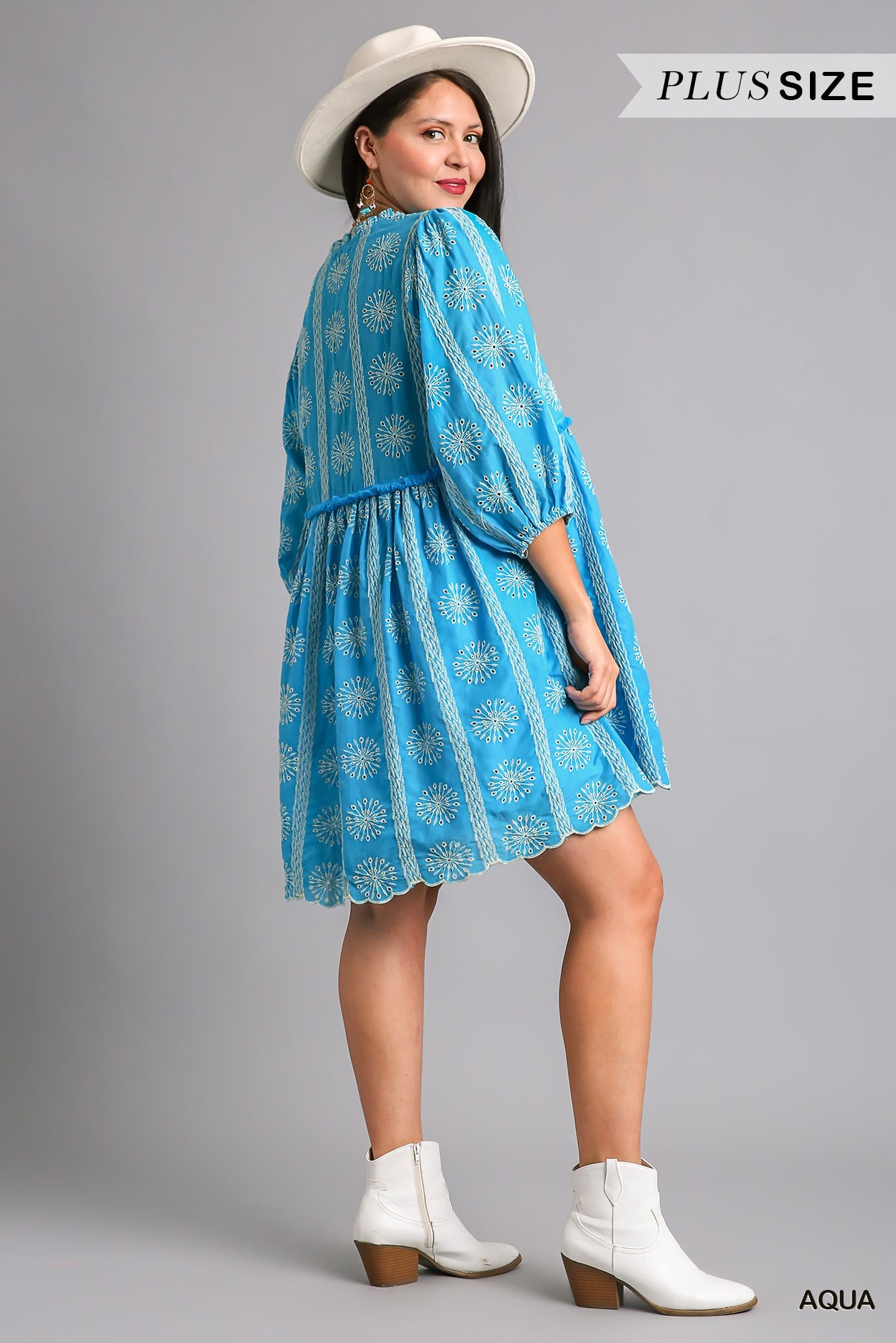 Umgee Plus Embroidery 3/4 Sleeve Scalloped Bottom Dress