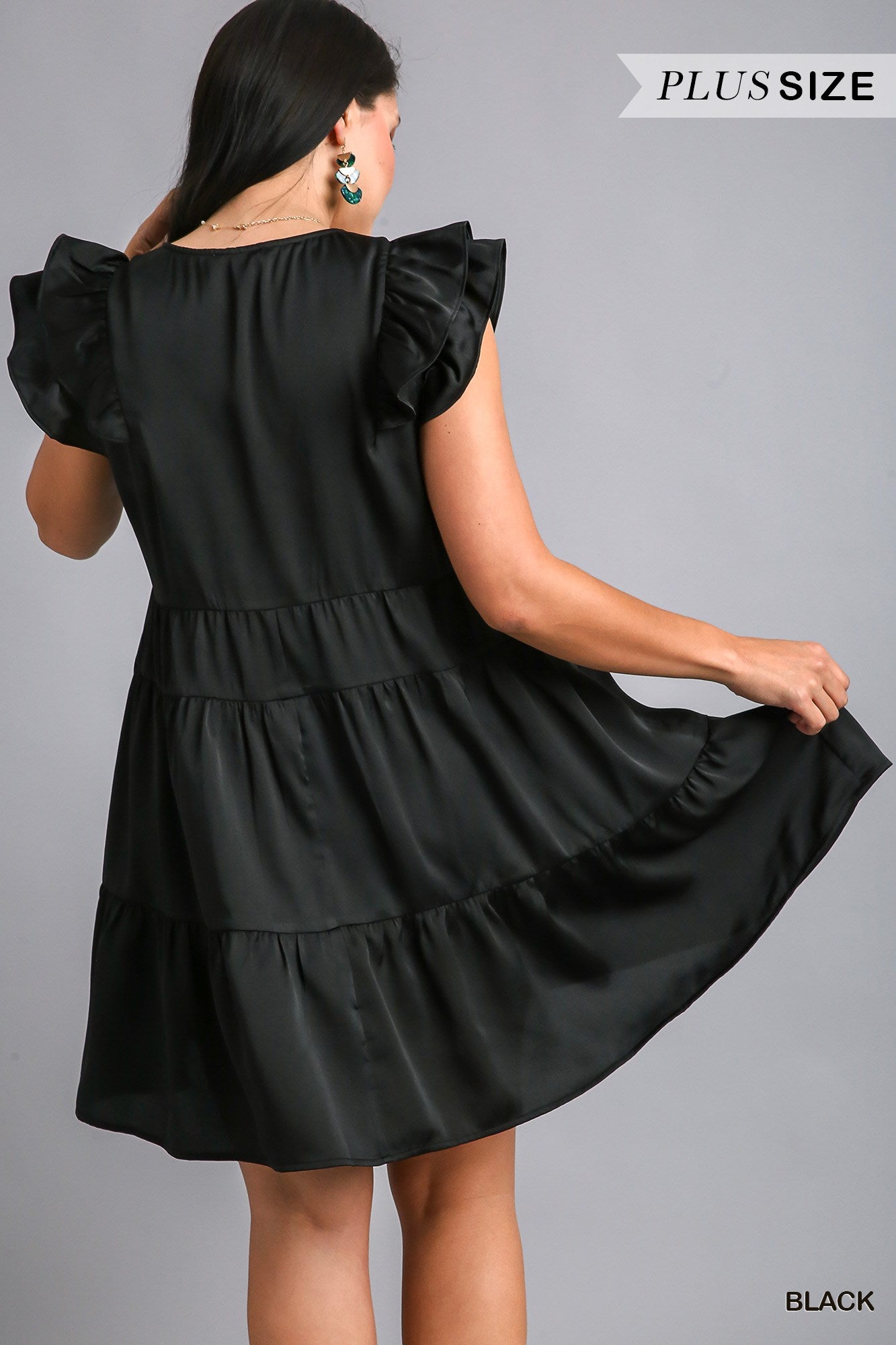 Umgee Plus Satin BabyDoll Tiered Ruffle Sleeves Dress