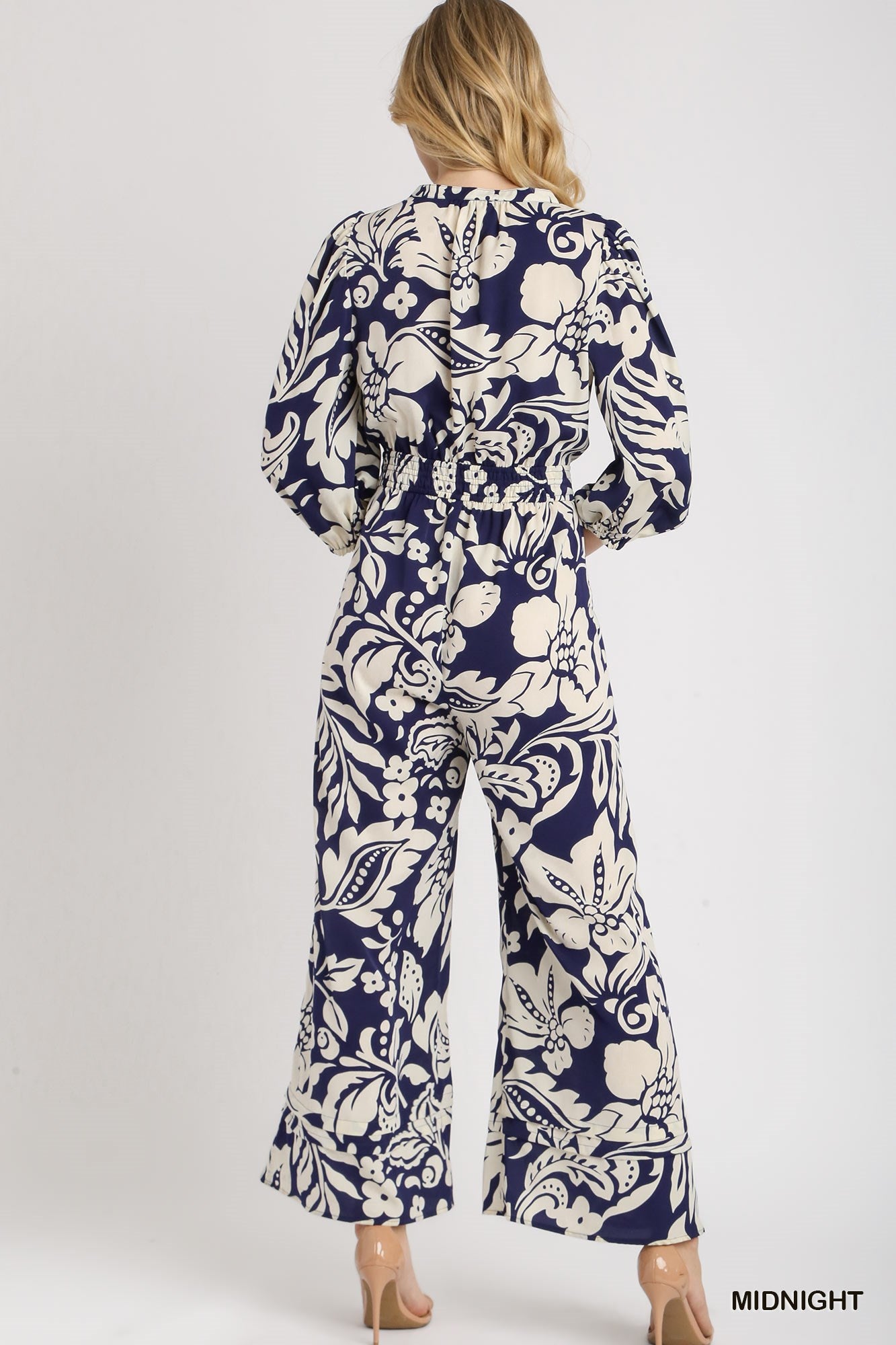 Umgee Two Tone Smocked Waist Balloon Sleeve Button Print Jumpsuit