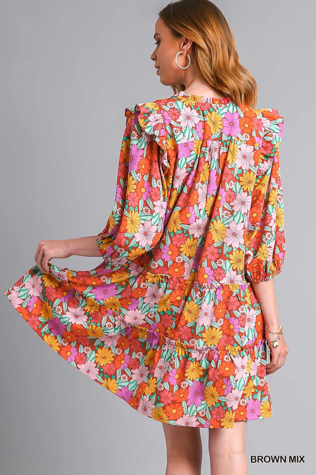 Umgee Mix Double Ruffle Flower Print Quarter Sleeve Tiered Mini Dress