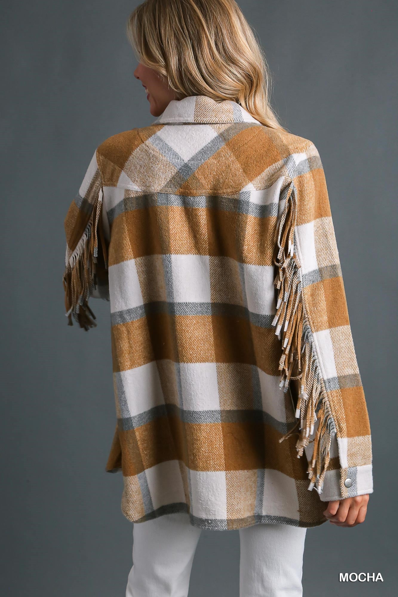 Umgee Contrast Plaid Chest Pockets & Fringe Sleeve Jacket