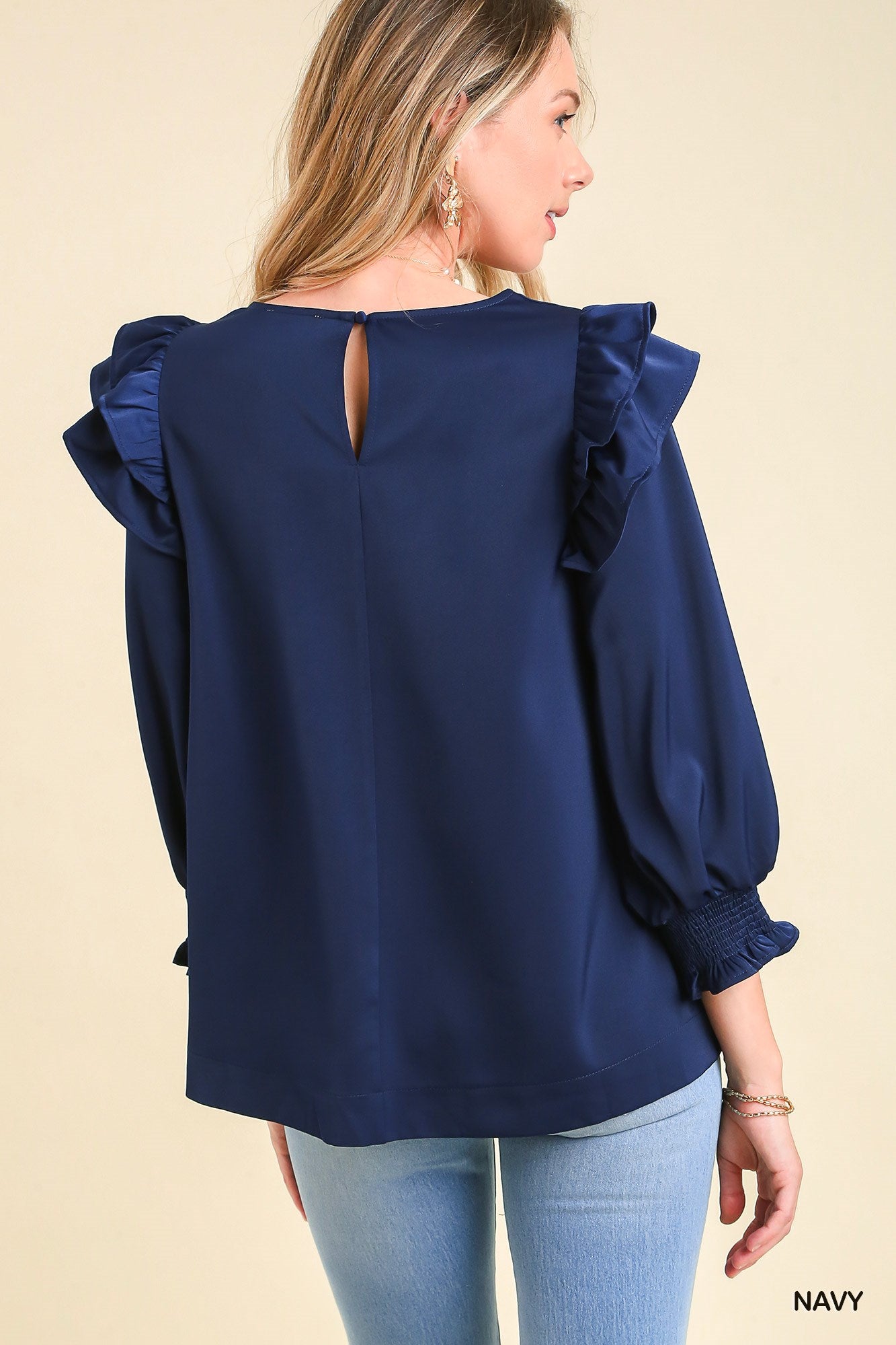 Umgee Double Ruffle Pin-Tuck Around Neckline Top