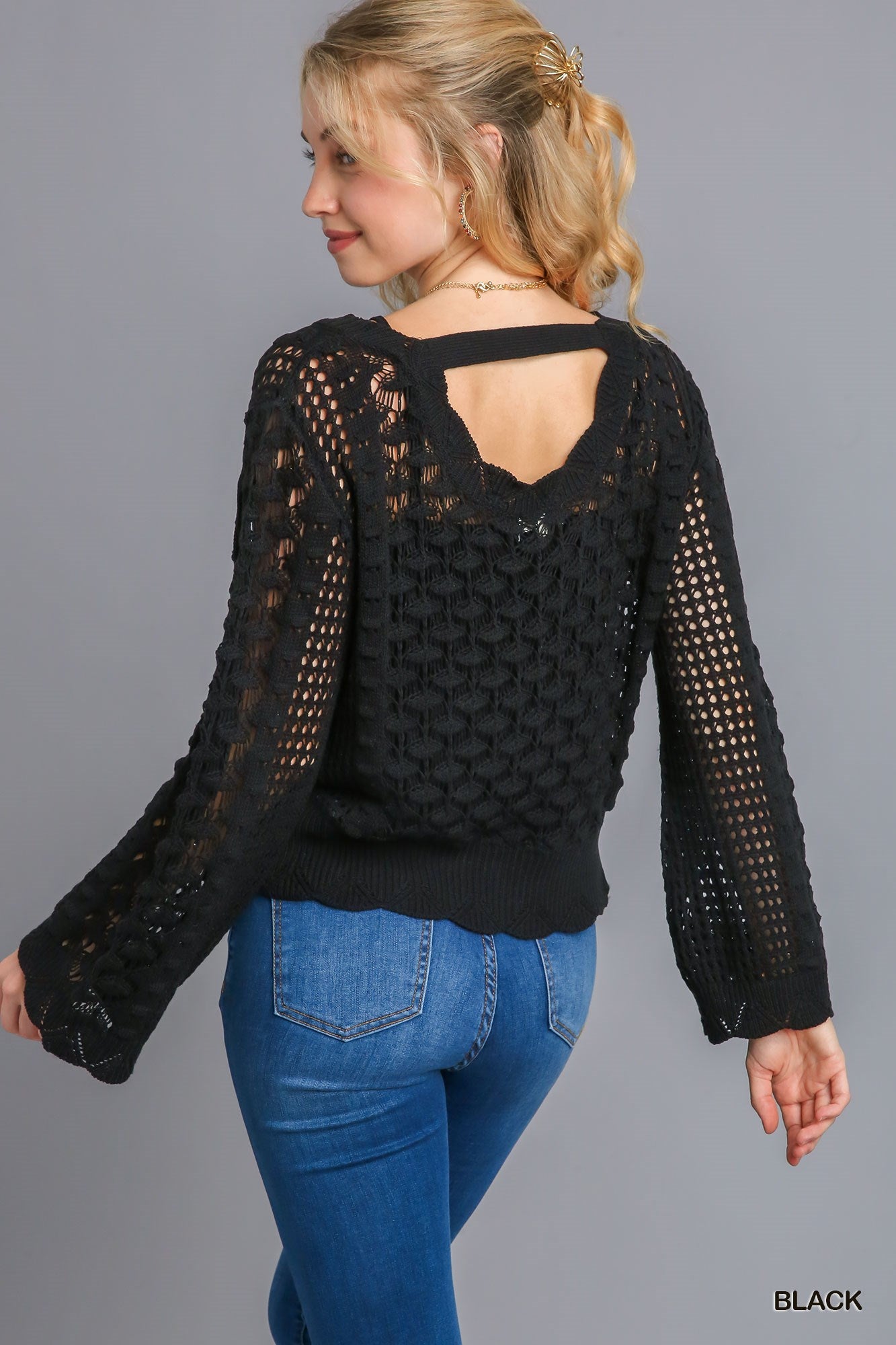 Umgee Crochet Light Weight Back Strap Pullover Sweater
