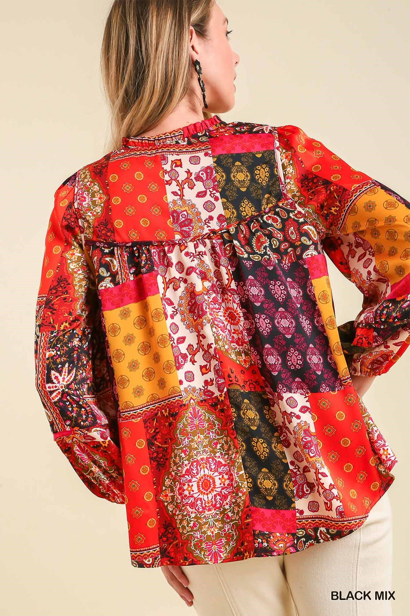 Umgee Mix Satin Scarf Print Ruffle V-Neck & Tassel Tie Top - Roulhac Fashion Boutique