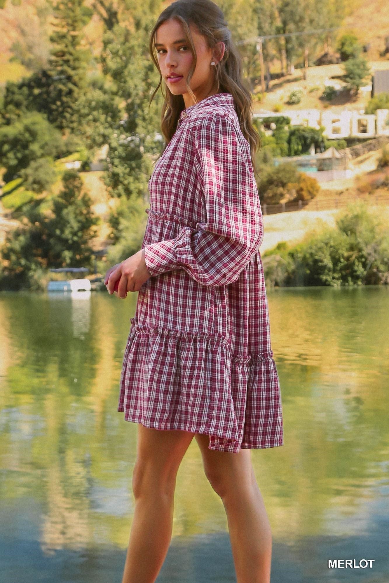Umgee Long Sleeve Ruffle Tiers Plaid Side Pockets Dress