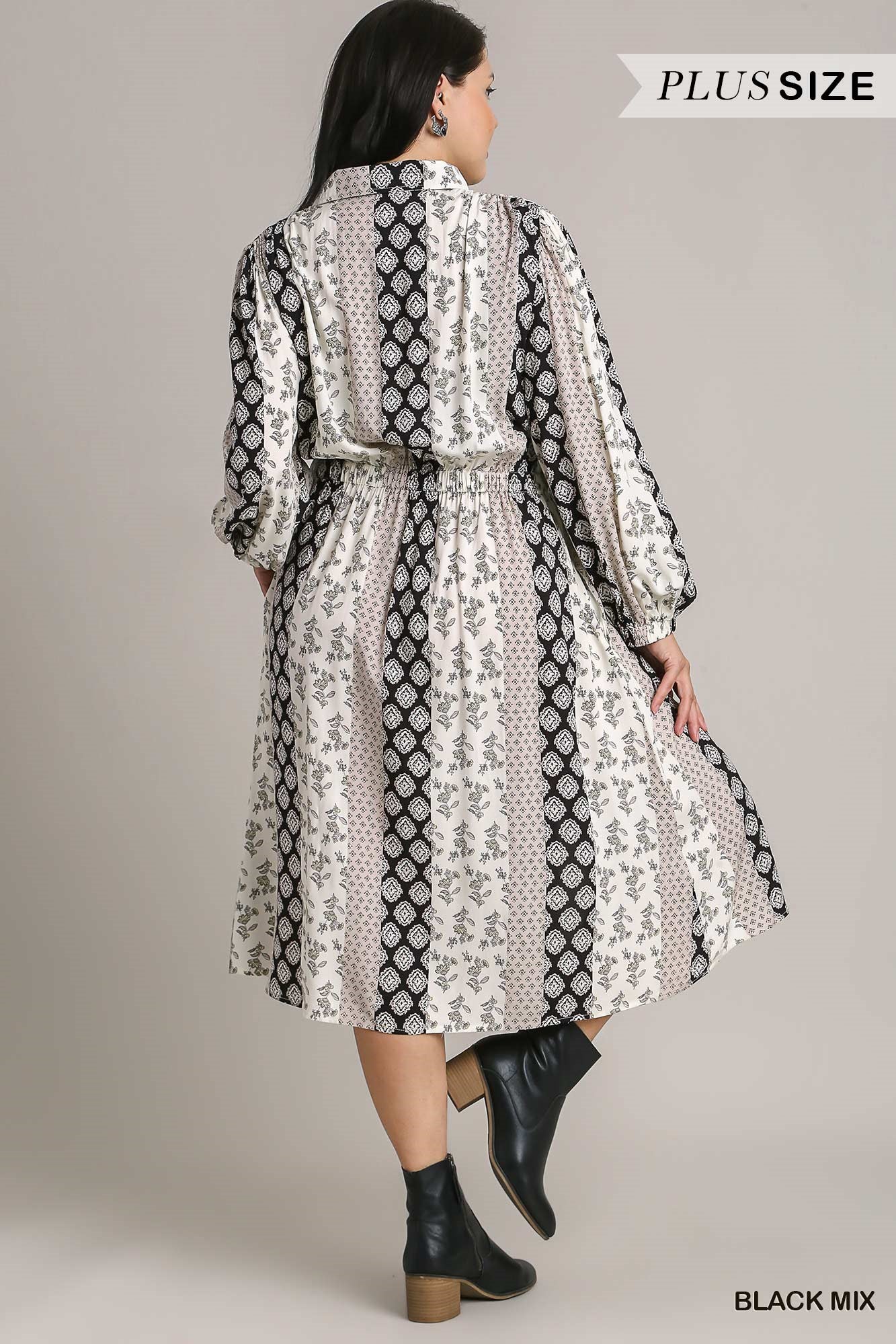 Umgee Plus Mixed Print Elastic Waistband Front Tie Midi Dress