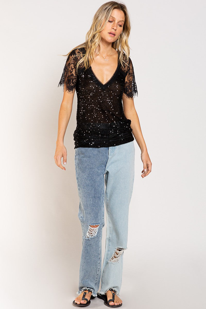 POL Seethrough Raglan V-Neck Sequin Self T-Shirt Top