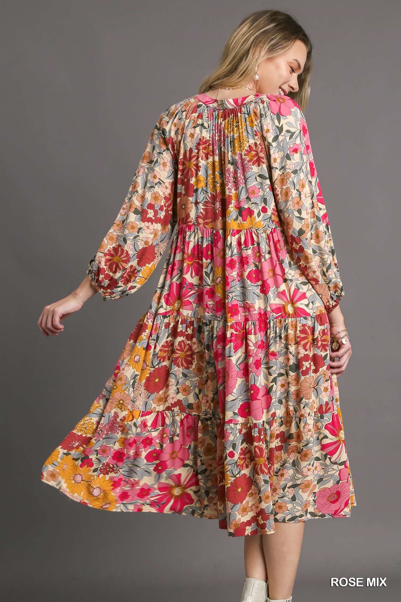 Umgee Mix Floral Printed Side Pockets Midi Dress - Roulhac Fashion Boutique