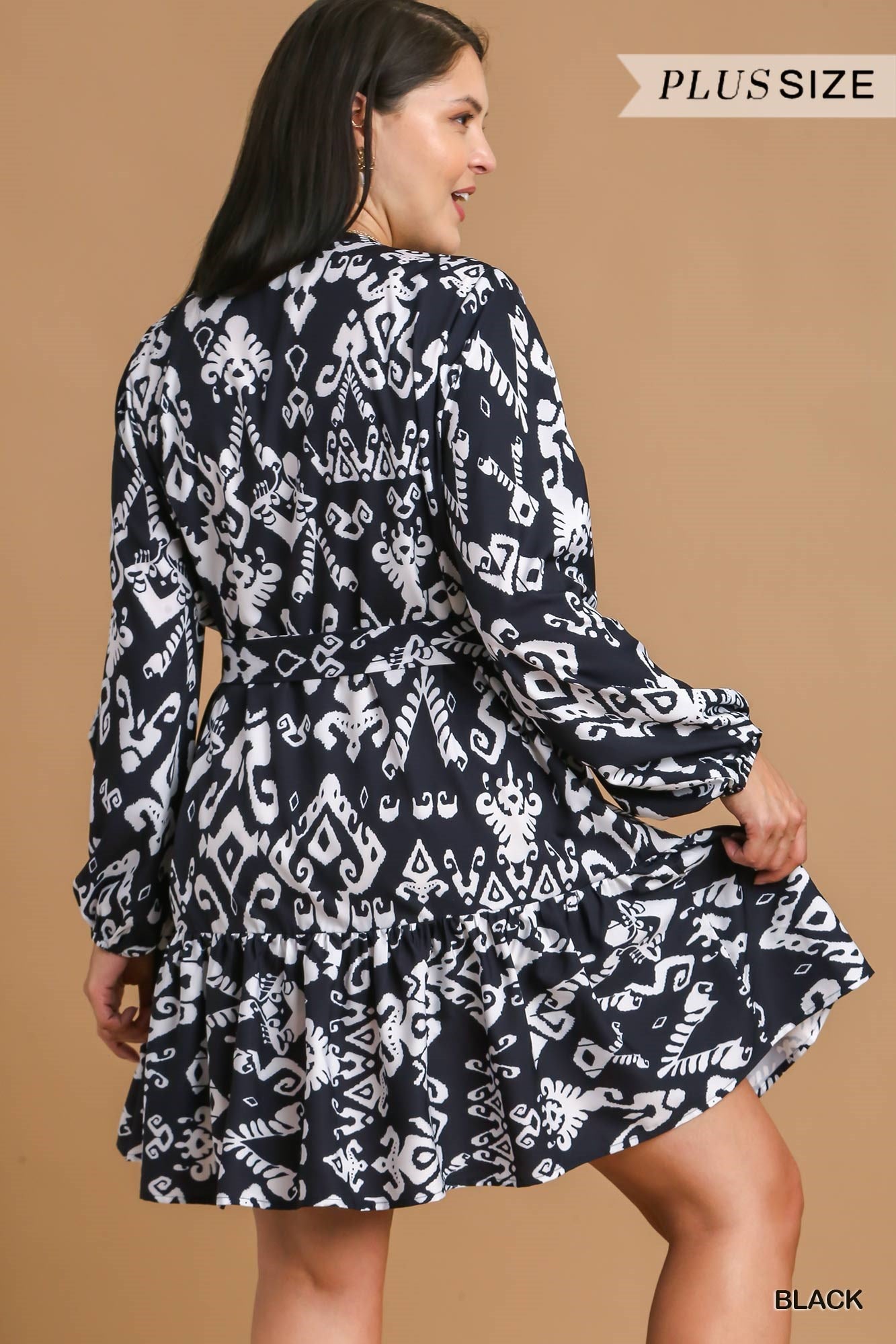 Umgee Plus Geo Print Lace Tape Detailed Belt Tie Dress