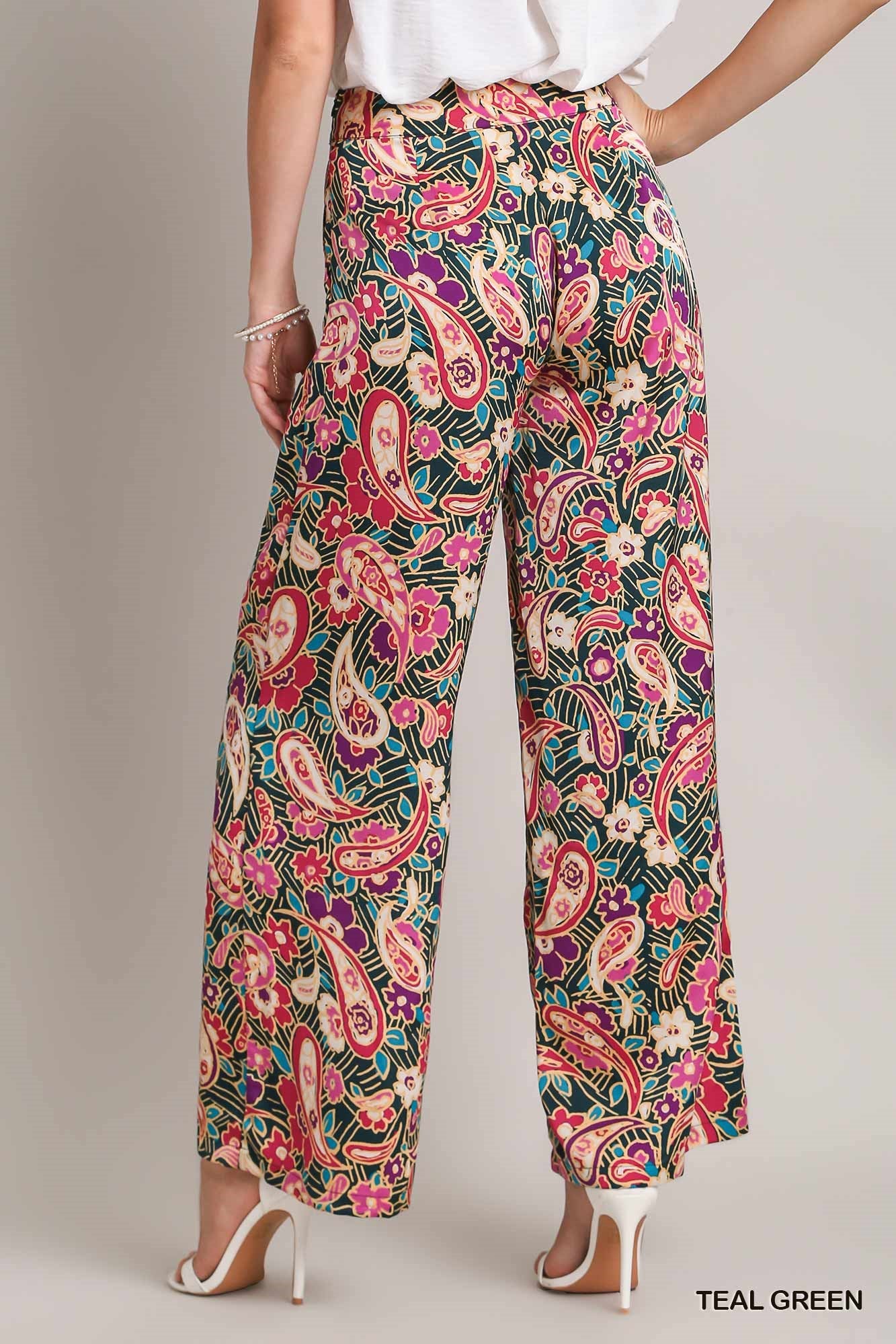 Umgee Satin Paisley Wide Leg Printed Side Zipper Pants