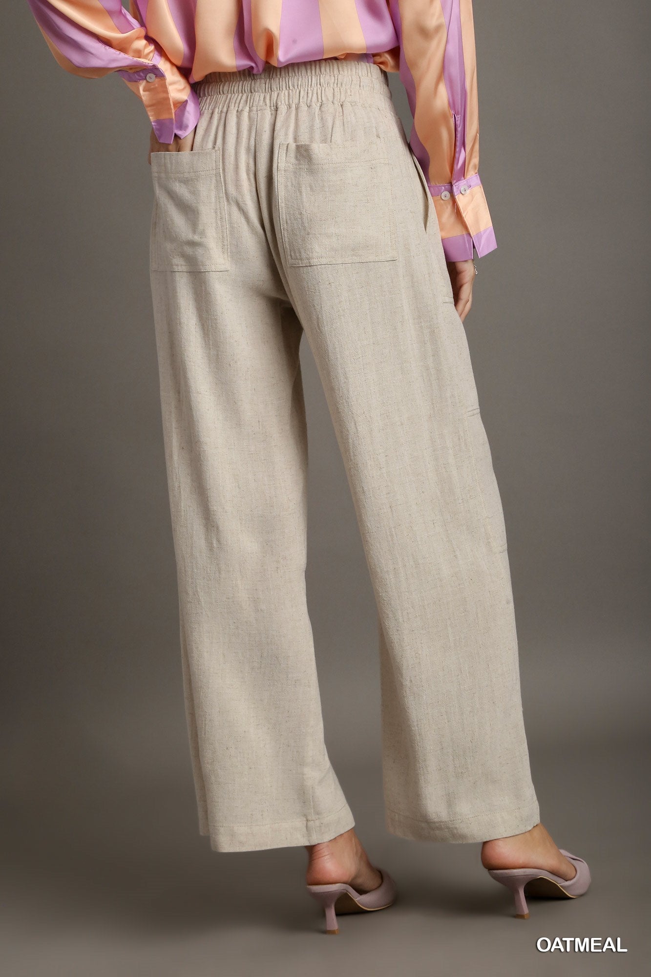 Umgee Linen Blend Elastic Waistband Drawstring Pocket Pants