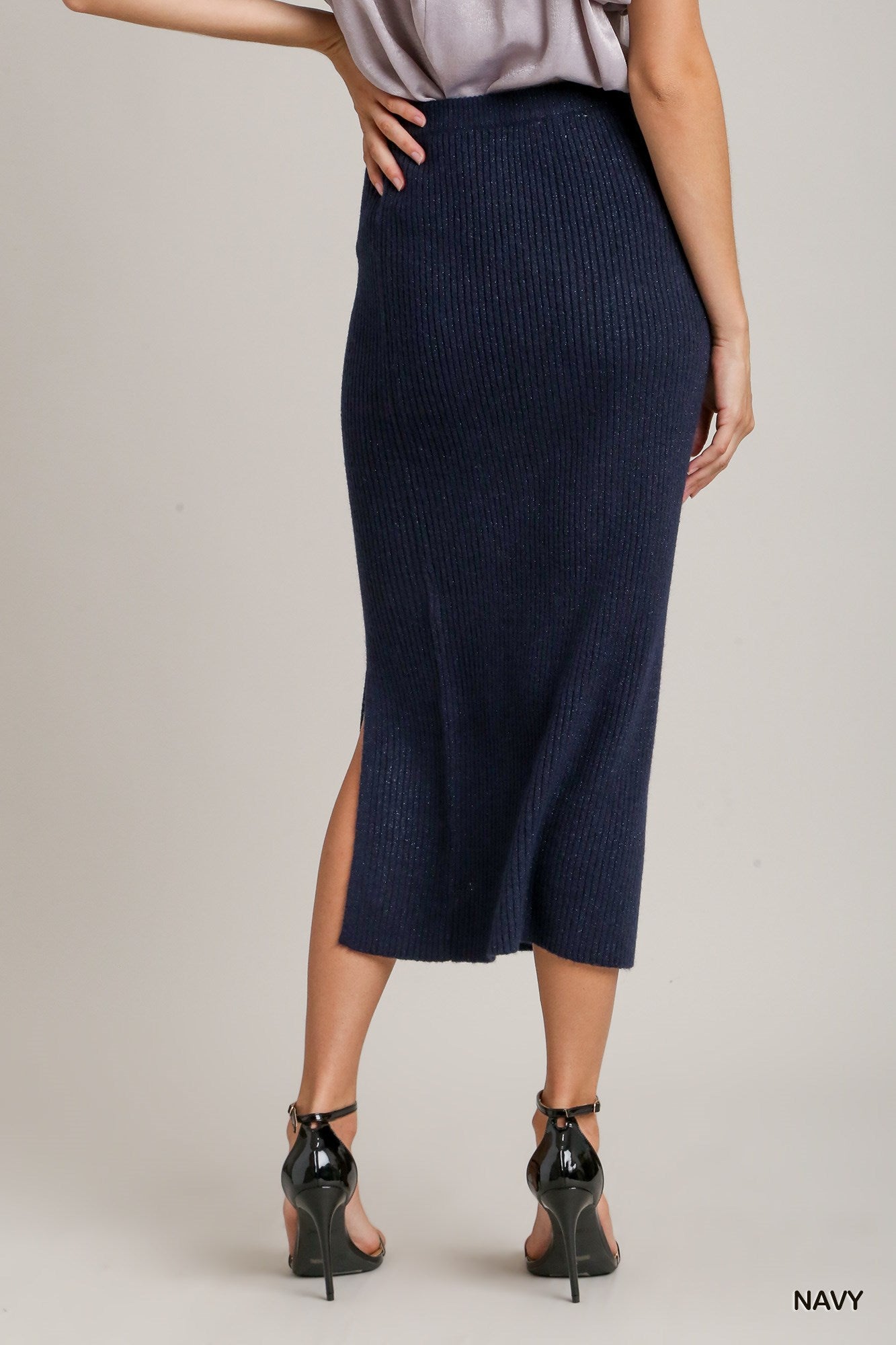 Umgee Rib Knit Lurex Sweater Front Slit Midi Skirt