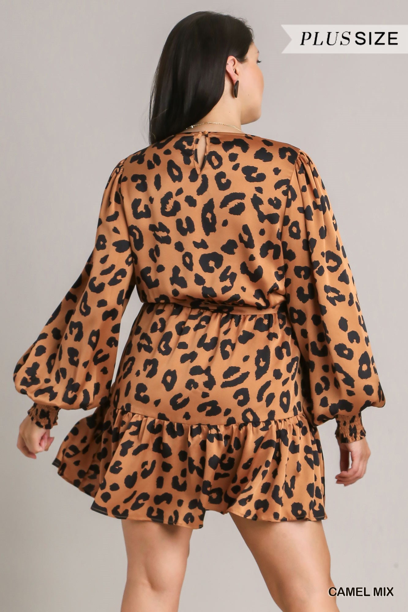 Umgee Plus Satin Animal Print Belt Mini Dress