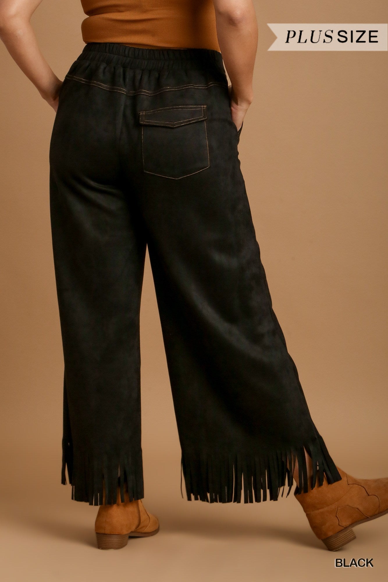 Umgee Plus Solid Suede Frey Hem Thick Stitch Long Pants