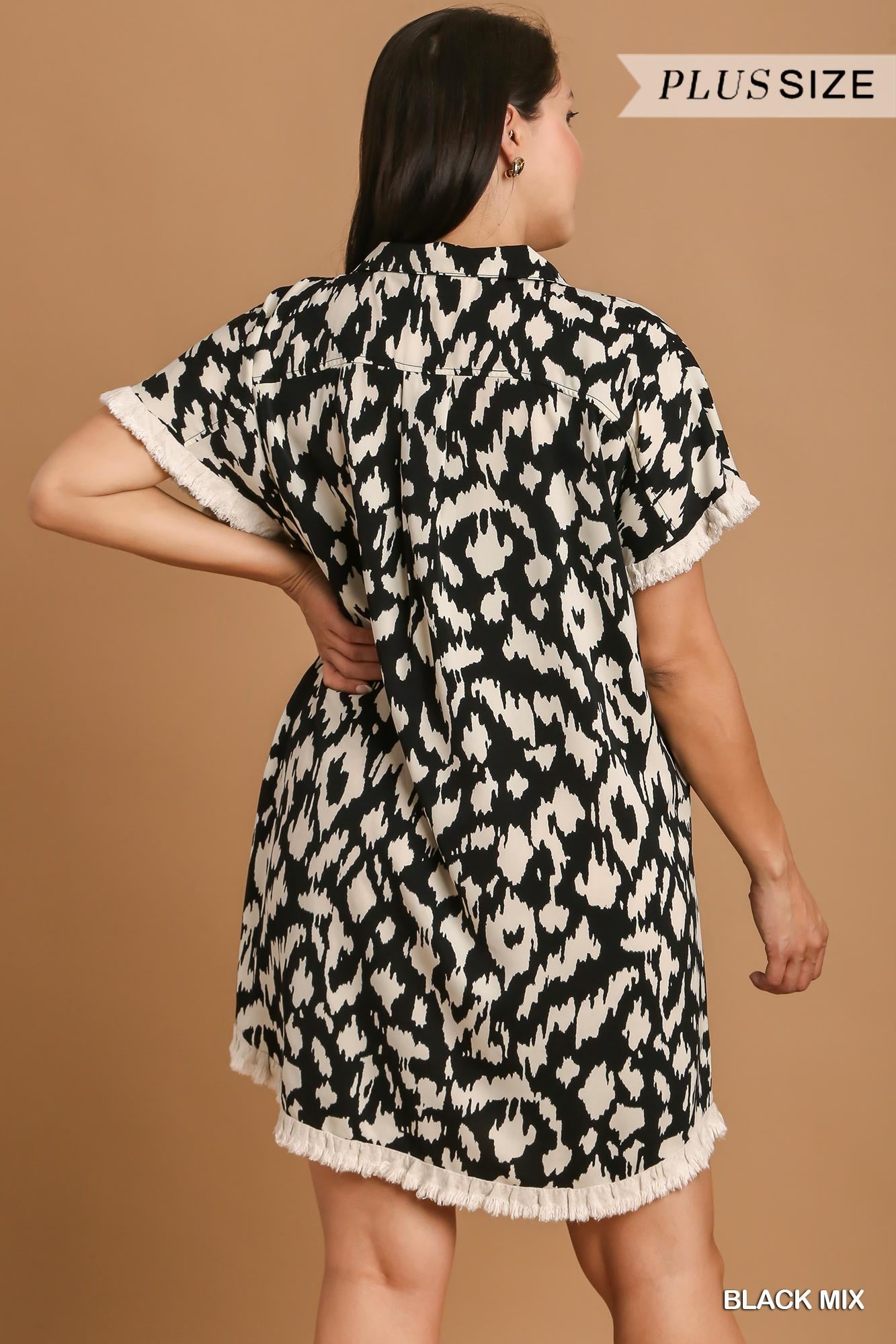 Umgee Plus Collared Button Down High Low Unfinished Frayed Hem Dress