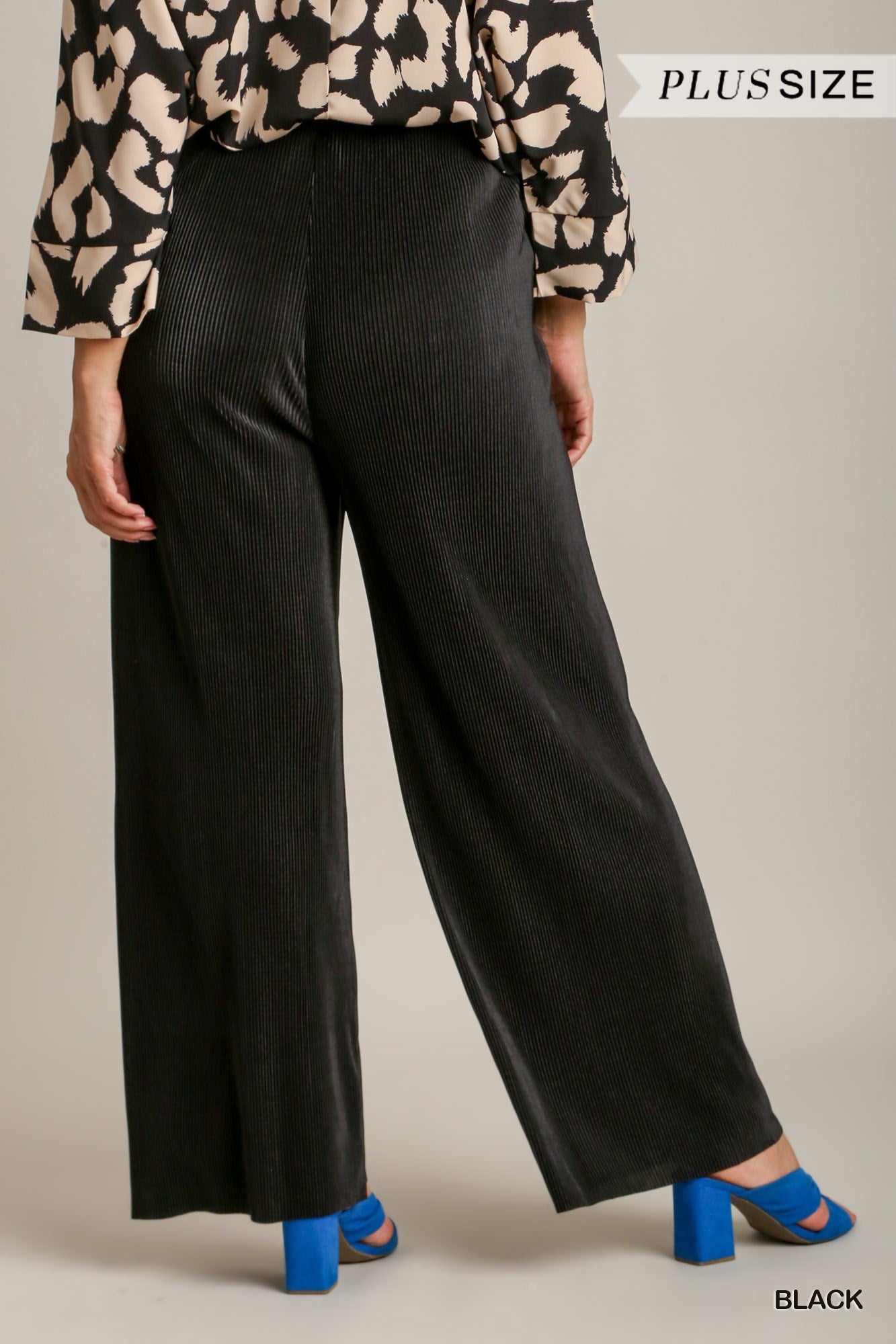 Umgee Plus Elastic Waistband Pleated Satin Wide Pants