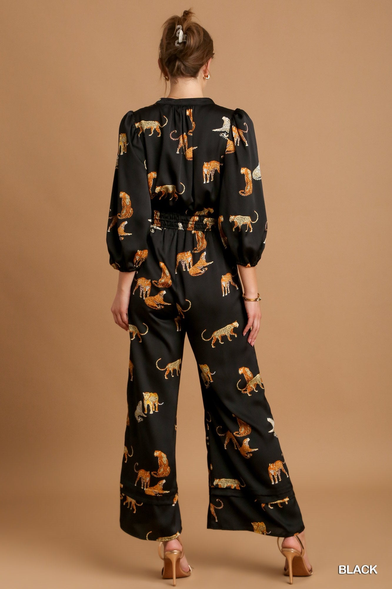 Umgee Cheetah Print Smocked Waist Jumpsuit