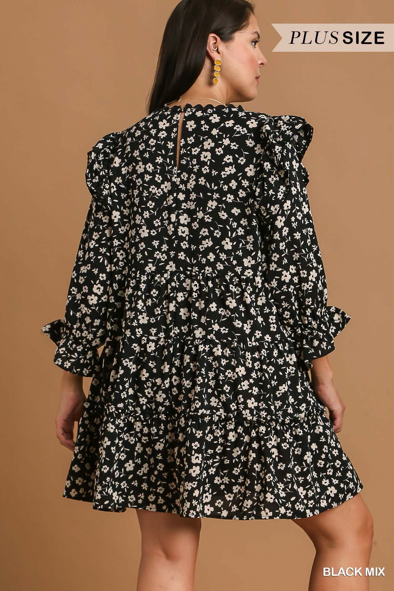 Umgee Plus Flower Tiered Ric Rac Trim Neckline Dress