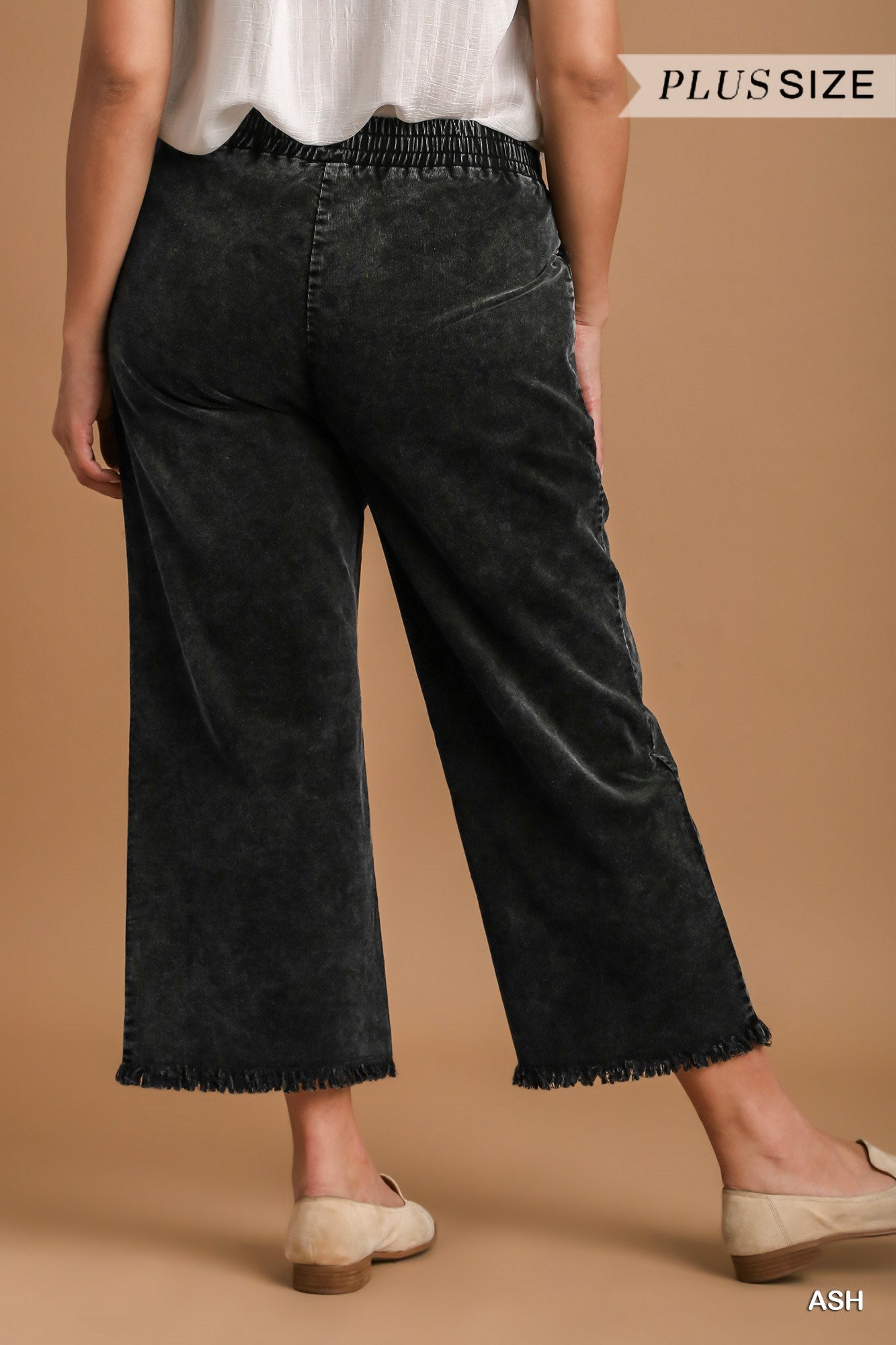 Umgee Plus Stone Wash Elastic Waist Frayed Hem Wide Leg Pants