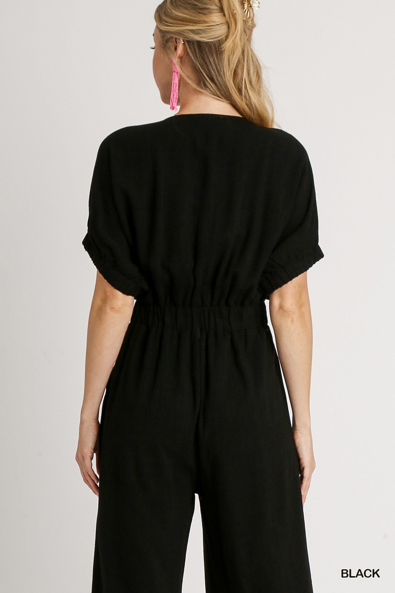 Umgee Linen Waist Belt V-Neck Wide Leg Elastic Short Sleeve Jumpsuit