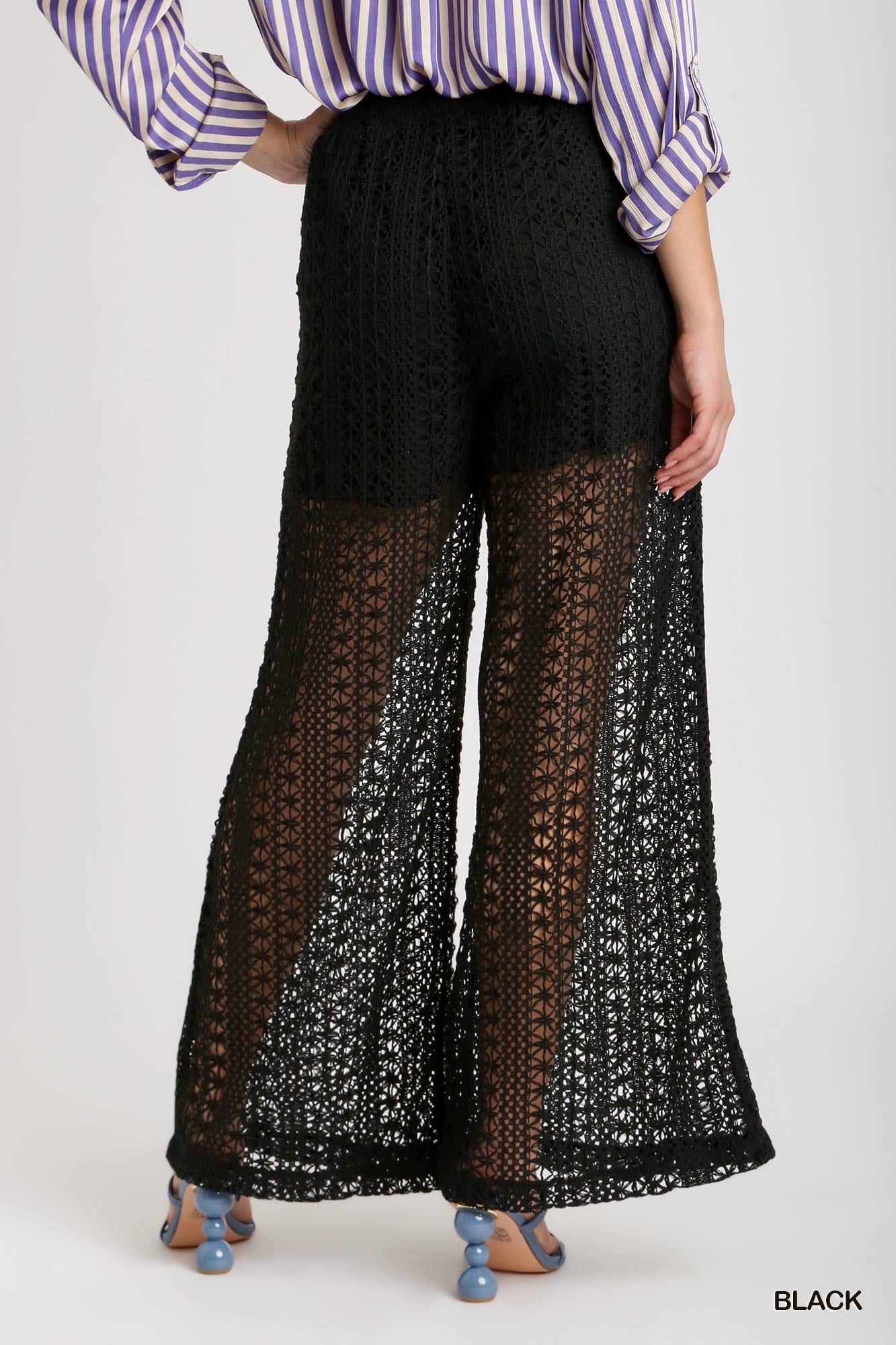 Umgee Crochet Lace Elastic Waistband Fabric Drawstring Pants