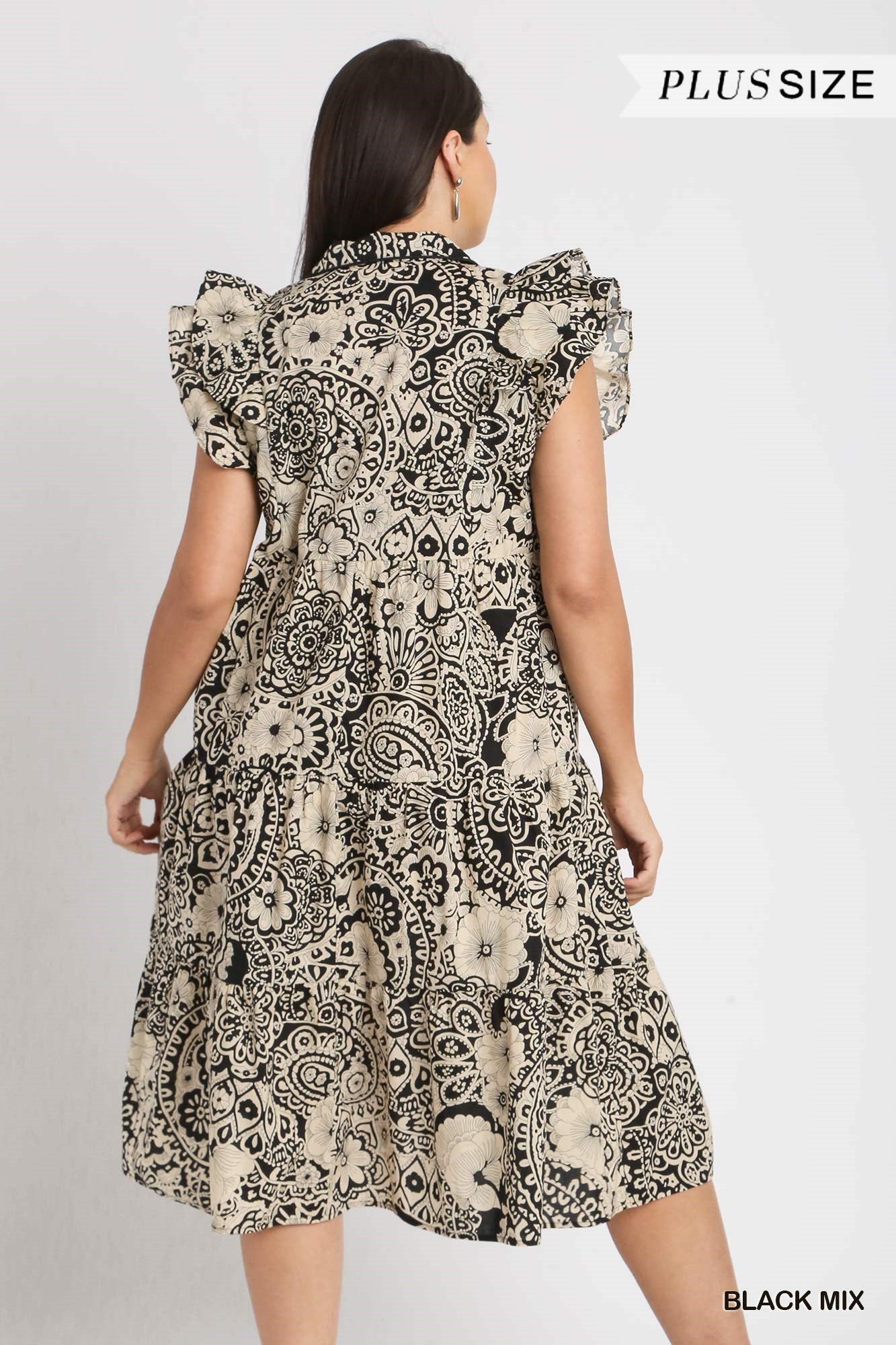 Umgee Plus Two Tone Paisley Print Collared Tiered Flutter Sleeves Midi Dress
