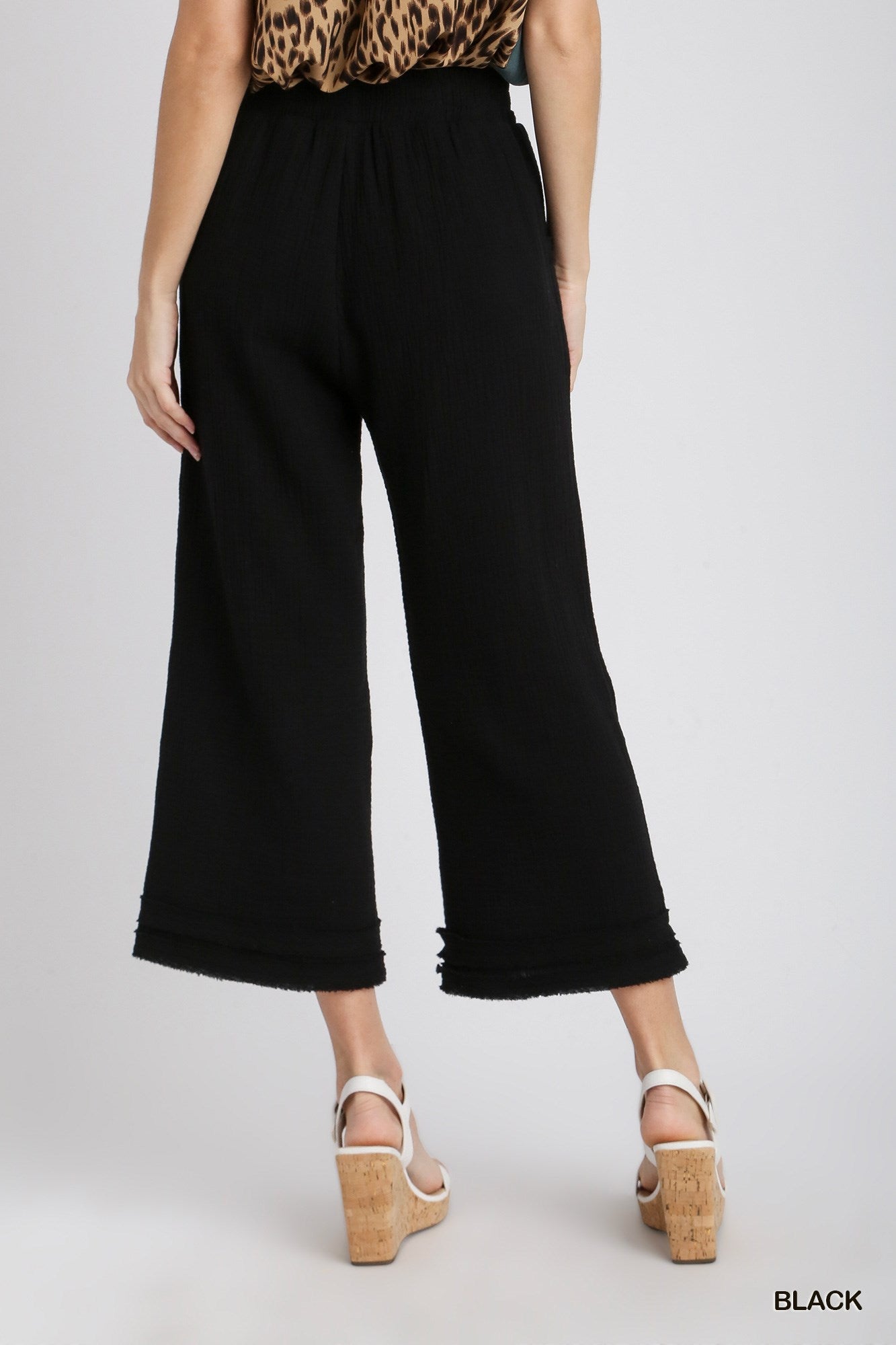 Umgee Cotton Gauze Elastic Wide Leg Ankle Raw Edge Tape Pants