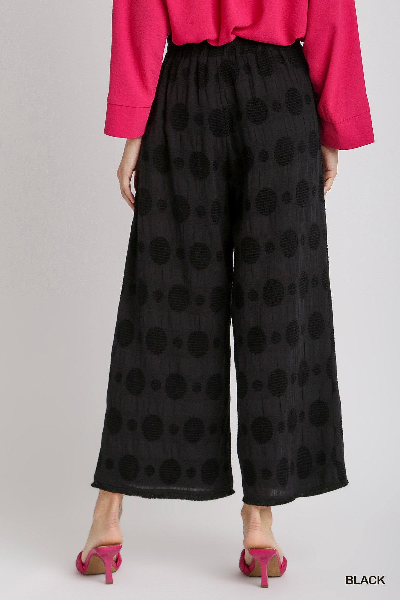 Umgee Textured Polka Dot Elastic Waistband Frayed Hem Wide Leg Pants
