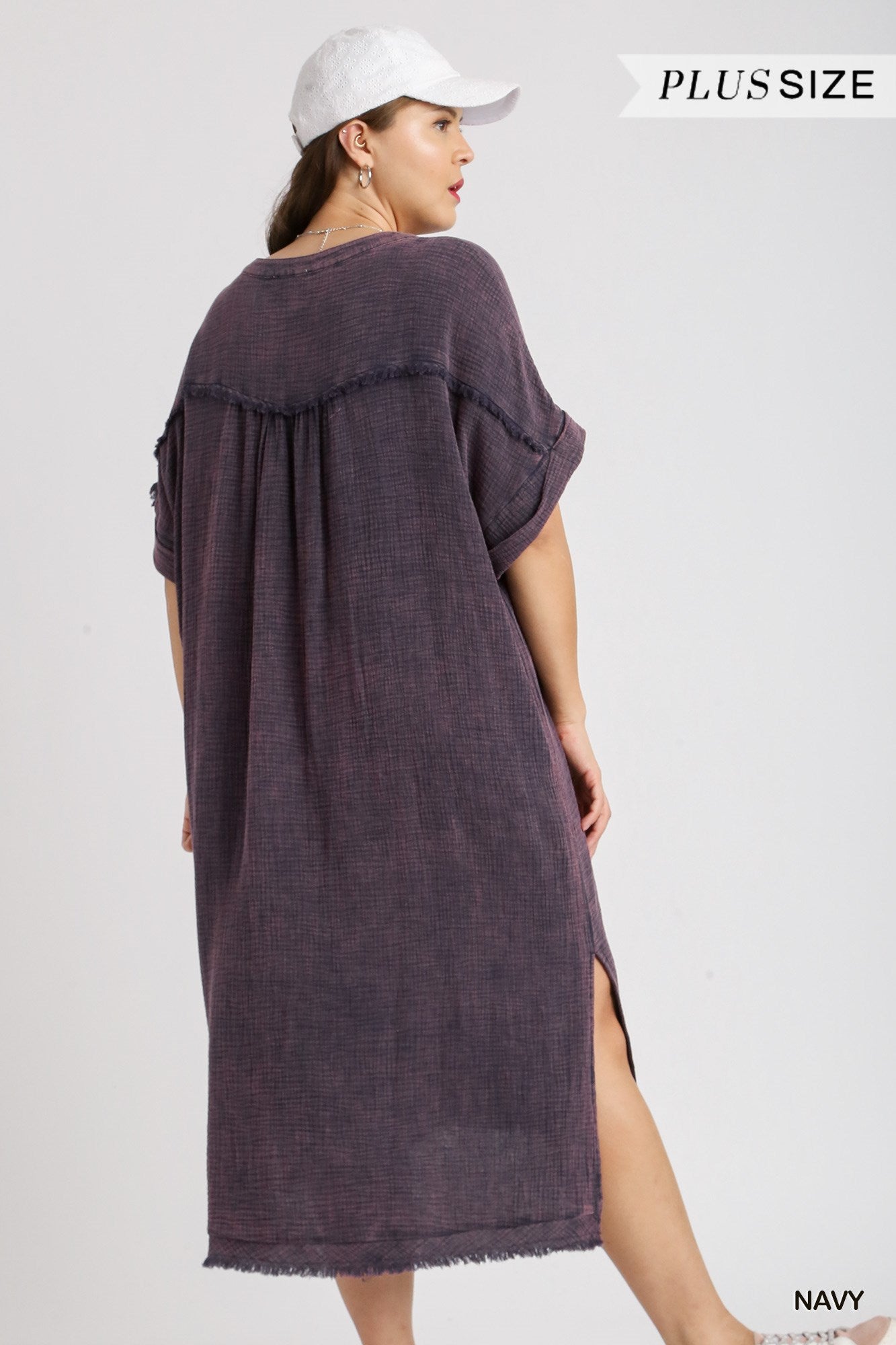Umgee Plus Mineral Wash Cotton Gauze Split Neck Frayed Side Slit Midi Dress