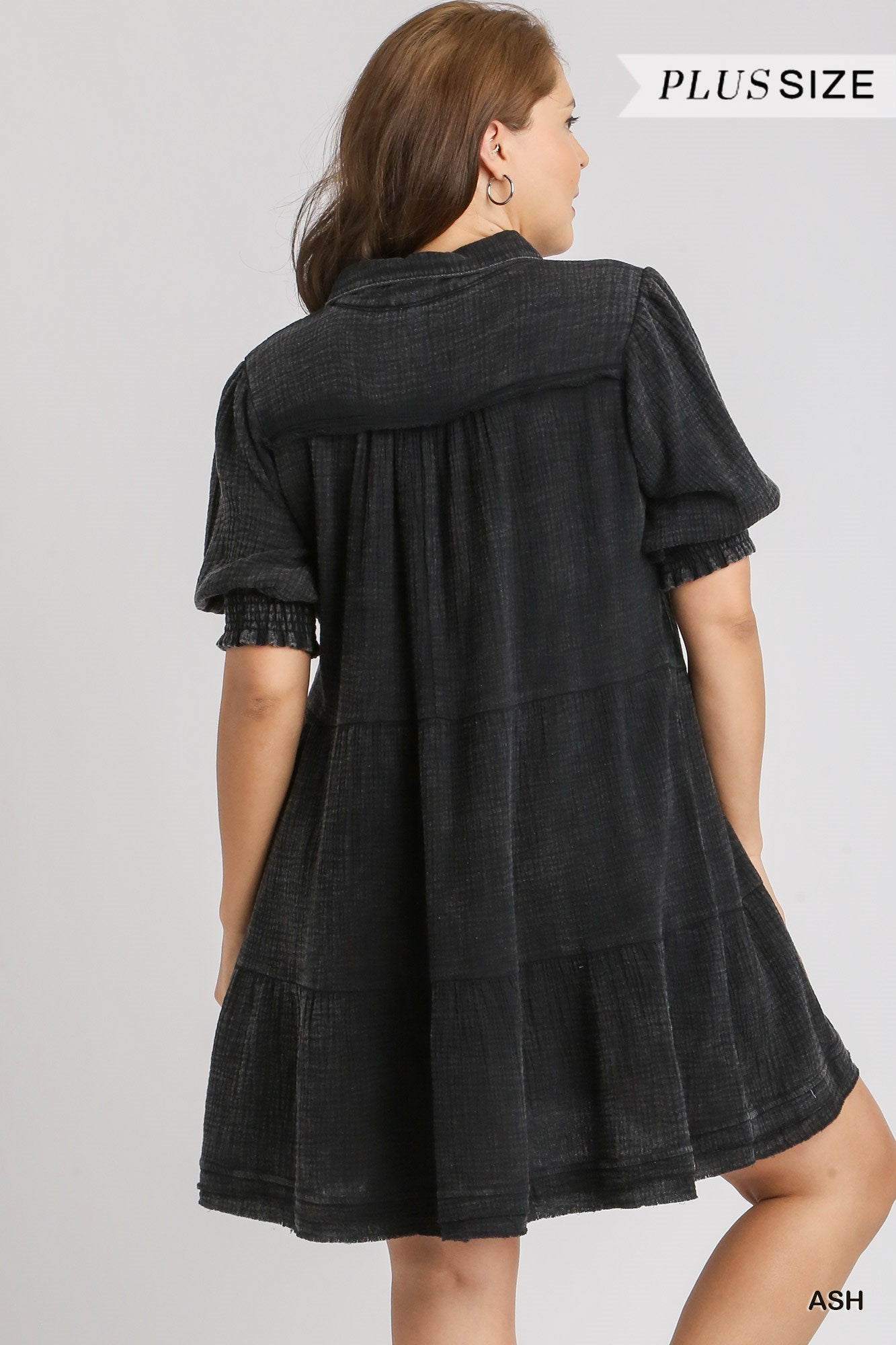 Umgee Plus Mineral Wash Cotton Gauze Tiered Collared Smocked Cuff Dress