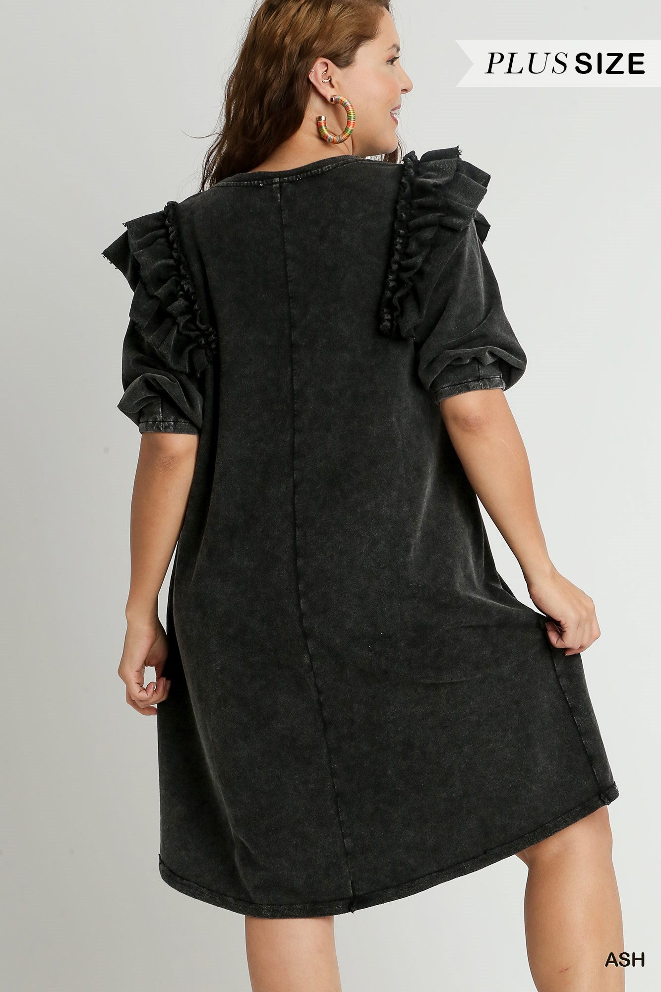 Umgee Plus Mineral Wash Crew Neck French Terry Ruffles Dress